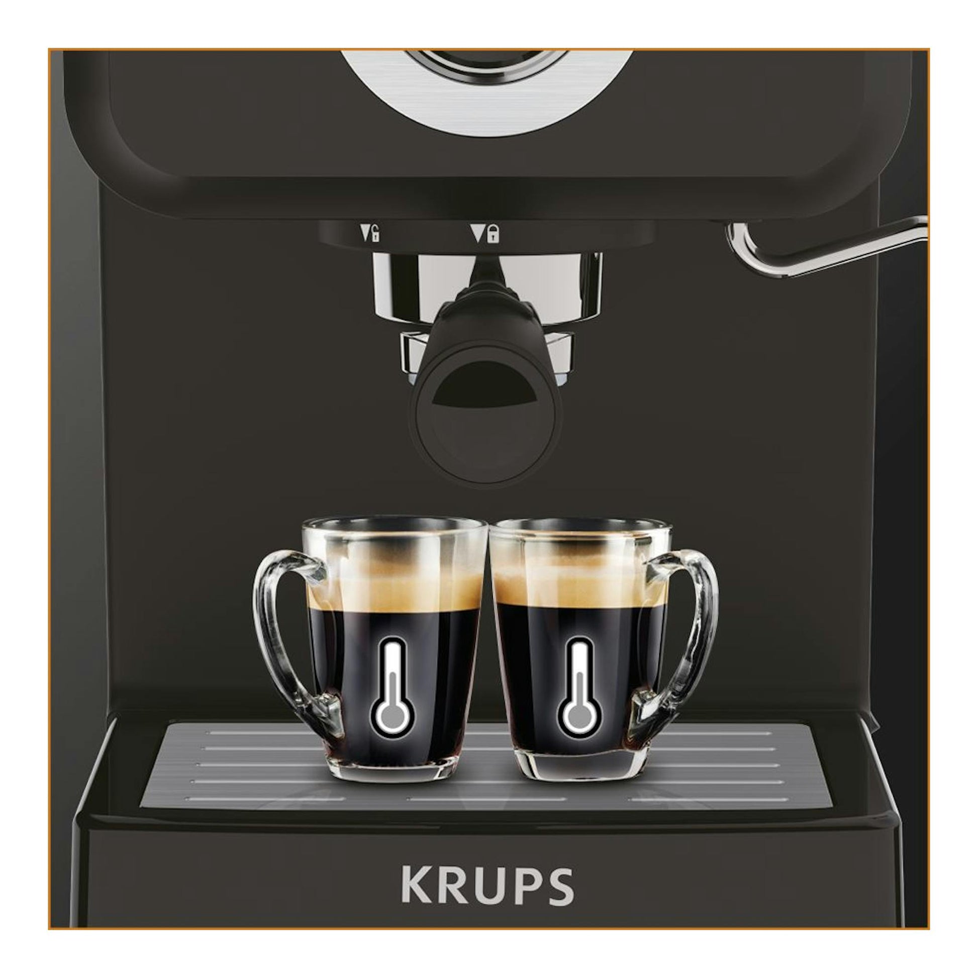 Cafetera espresso Krups OPIO XP320810 negra, vista frontal, con dos tazas bajo el dispensador.