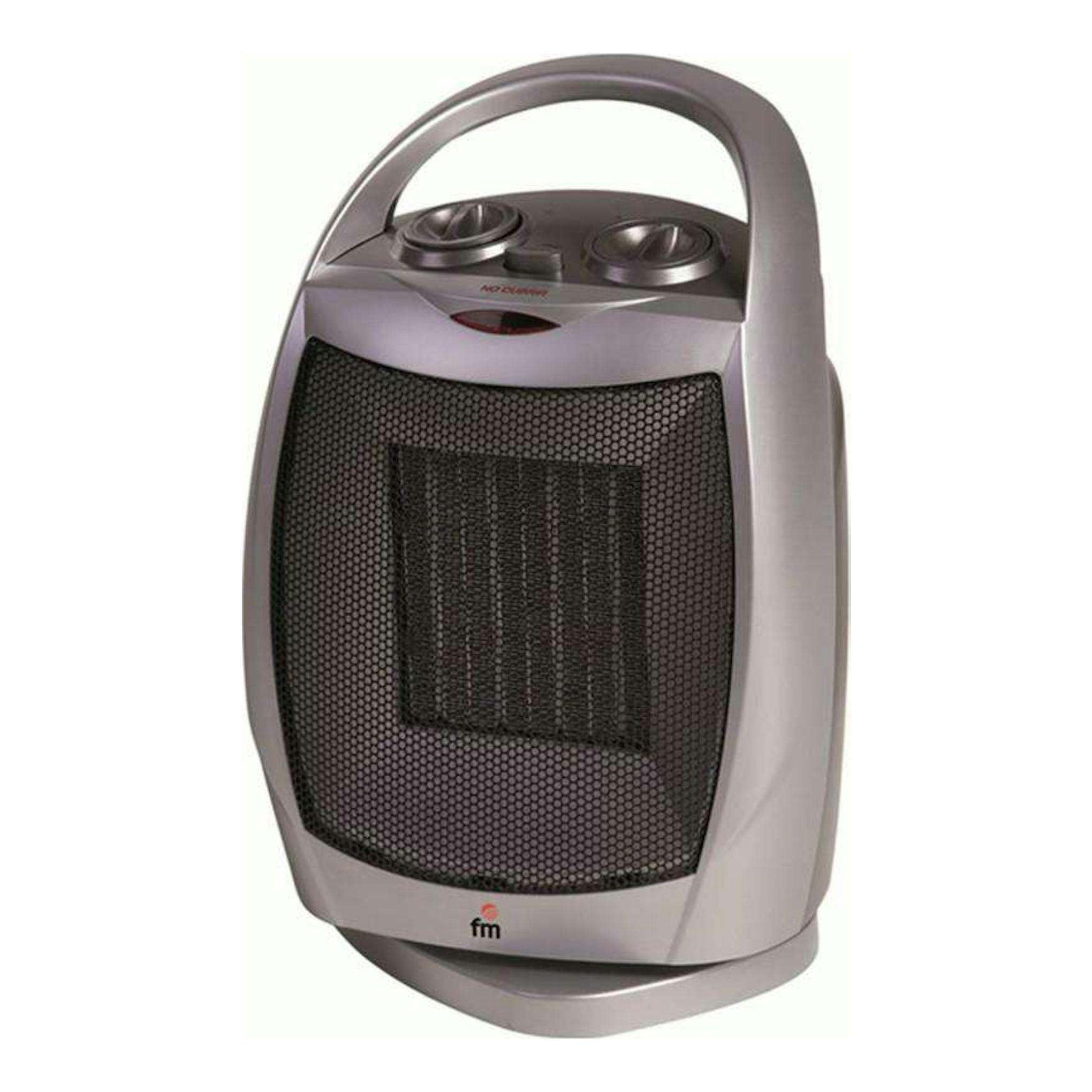 Calefactor FM TC1800 gris, vista frontal, con asa superior y rejilla negra.