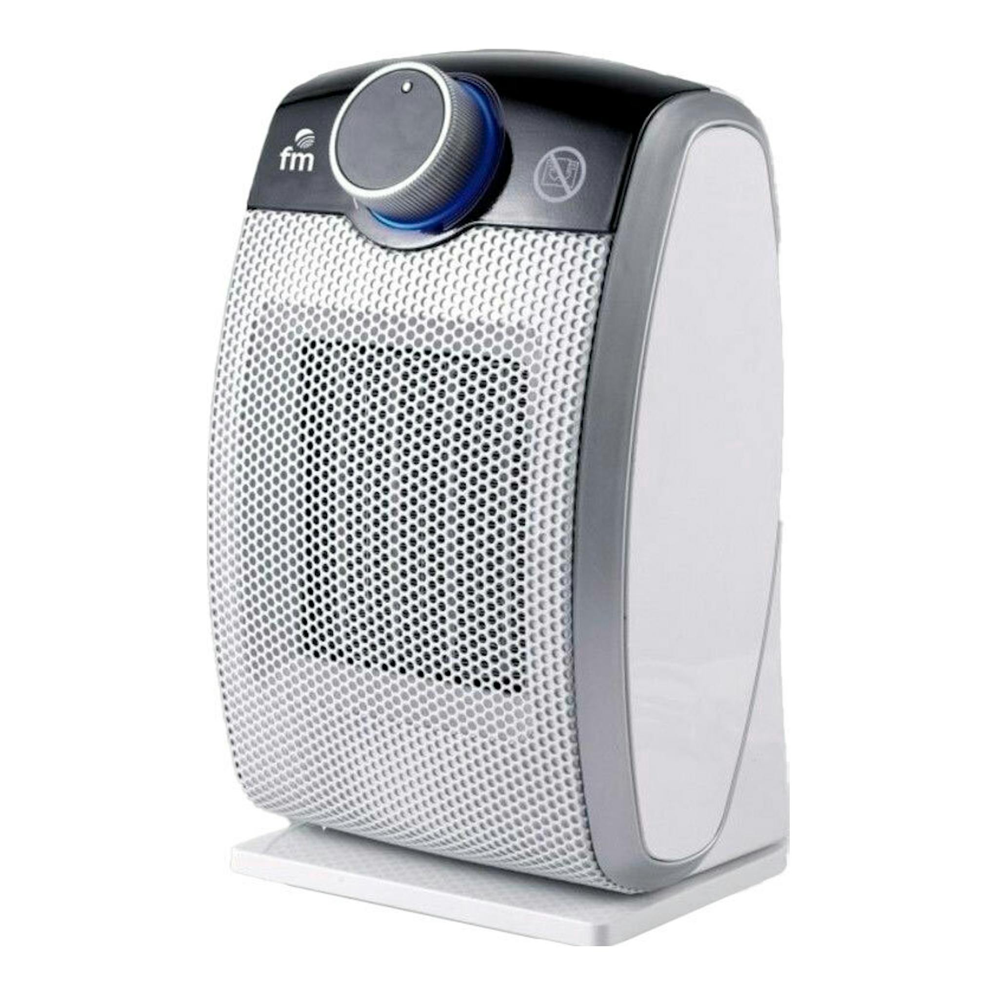 Calefactor FM TC20 blanco y gris, vista frontal en ángulo, con rejilla metálica y base rectangular.