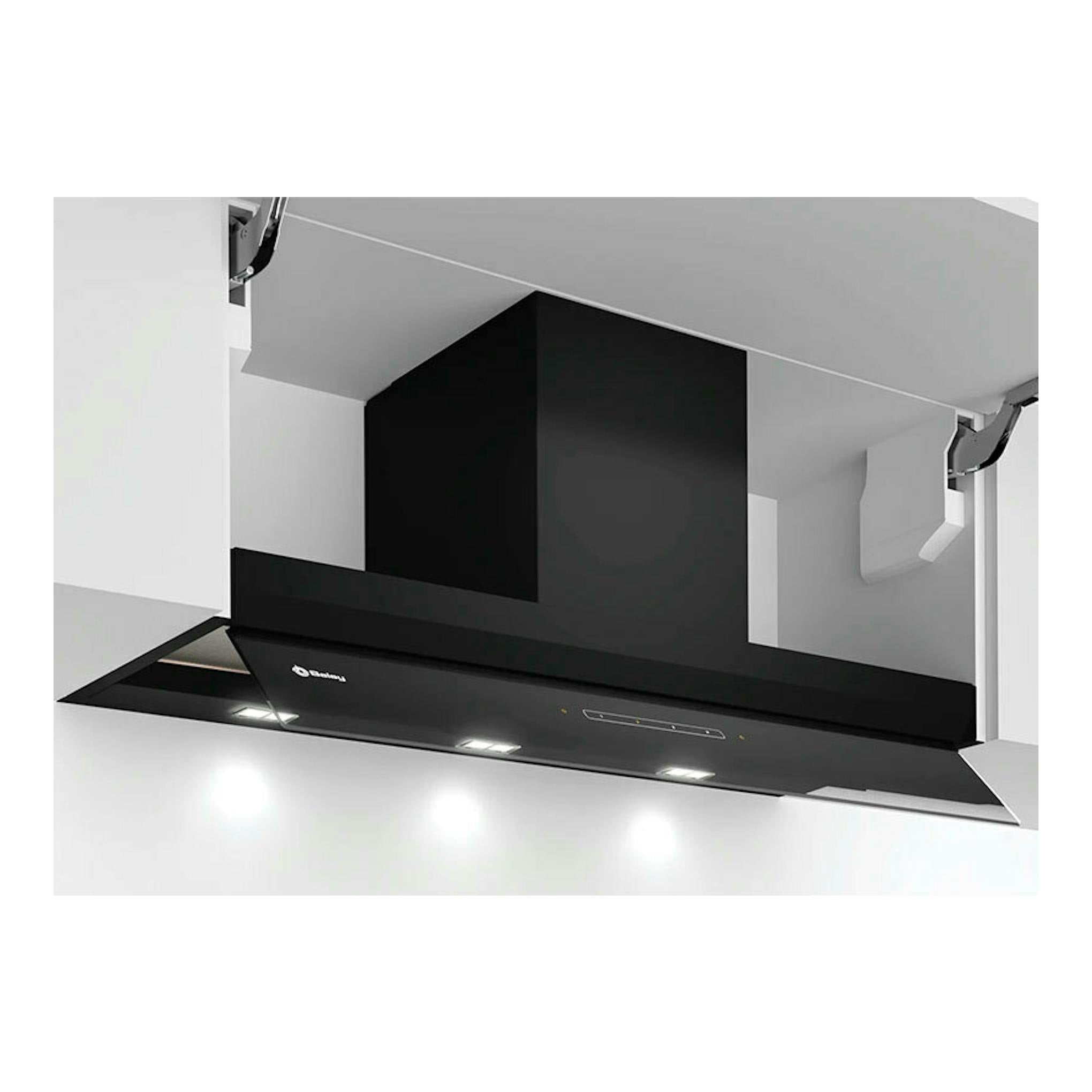 Campana extractora Balay 3BD997GN negra, vista inferior e inclinada, instalada bajo mueble.