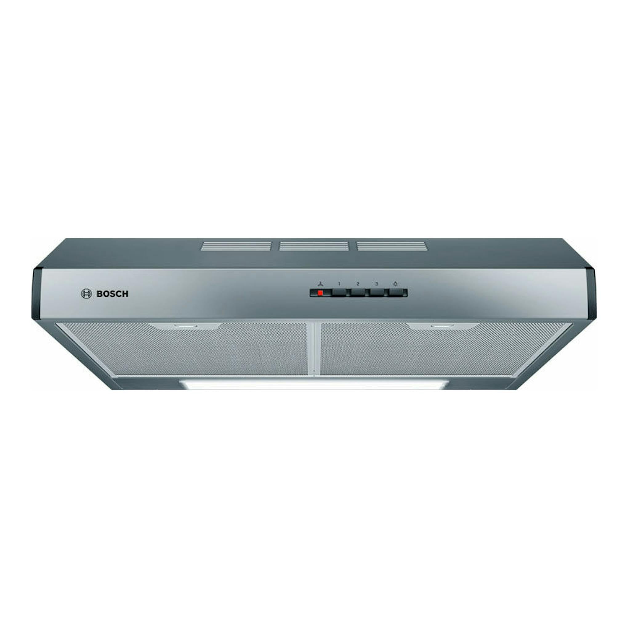 Campana convencional Bosch DUL63CC55 inox, vista frontal, con panel gris y filtros metálicos.