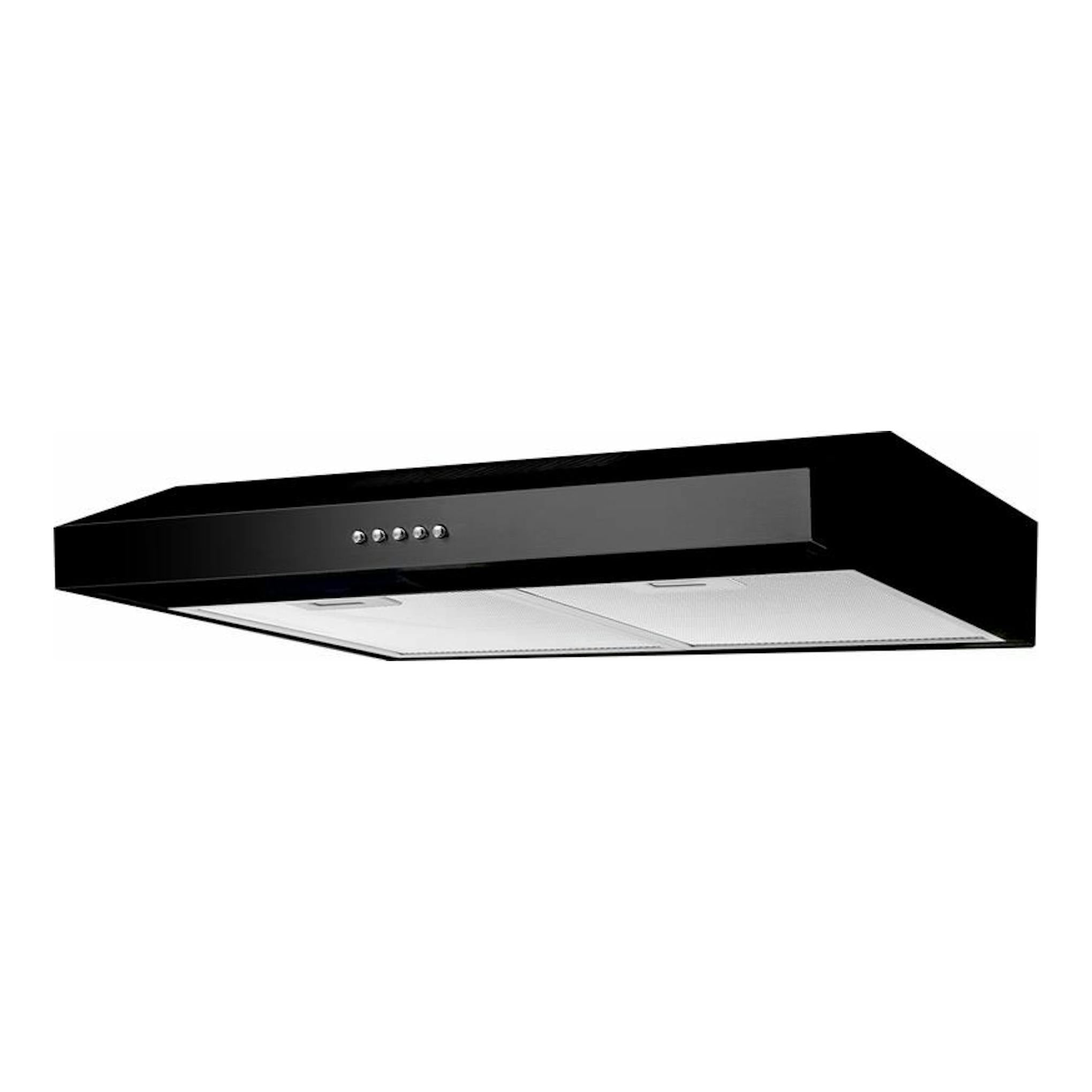 Campana extractora Mepamsa Brisa Plus 60 negra, vista frontal inferior en ángulo, con botones metálicos.