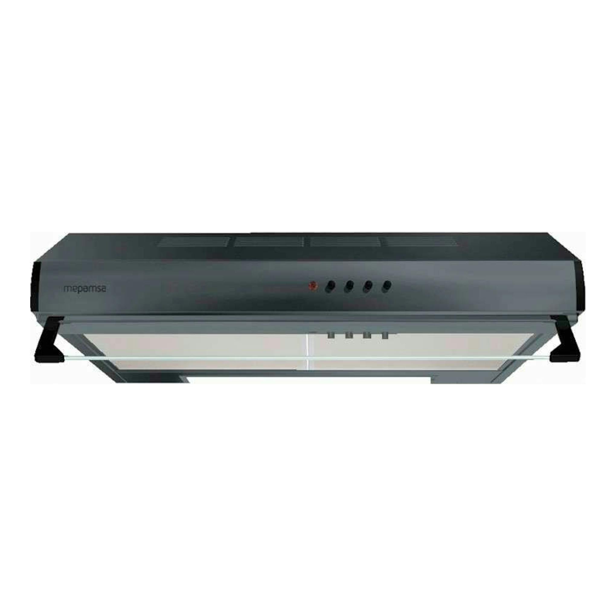 Campana convencional Mepamsa Modena 60 negra, vista frontal, con frontal de cristal y mandos.