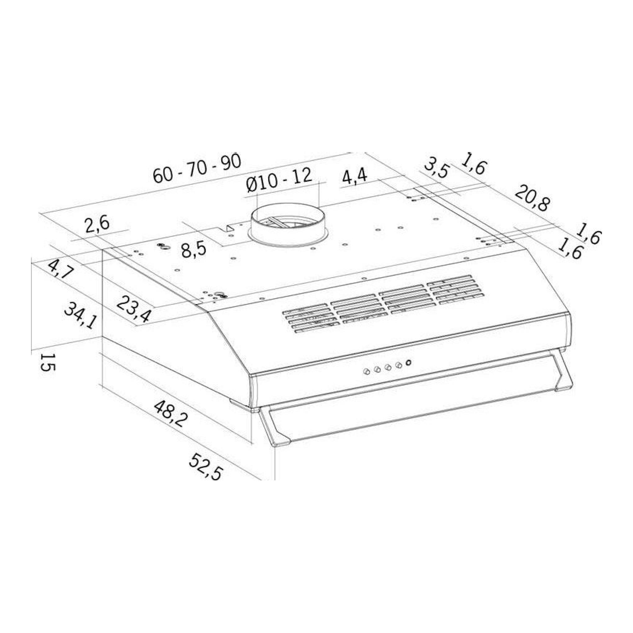 Campana Mepamsa Modena Inox, dibujo técnico en perspectiva frontal con medidas.