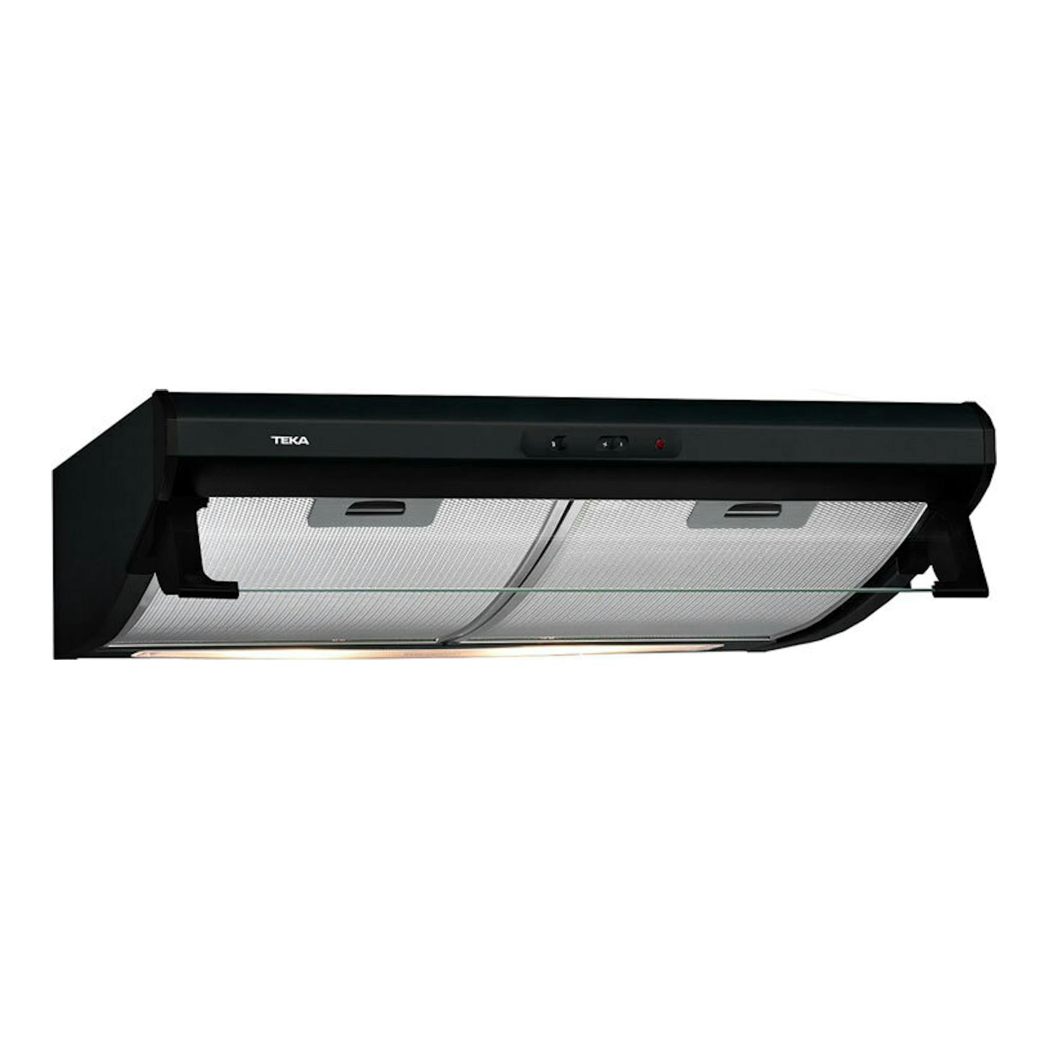Campana convencional Teka C 6310 negra, vista frontal, con panel de vidrio y filtros metálicos.