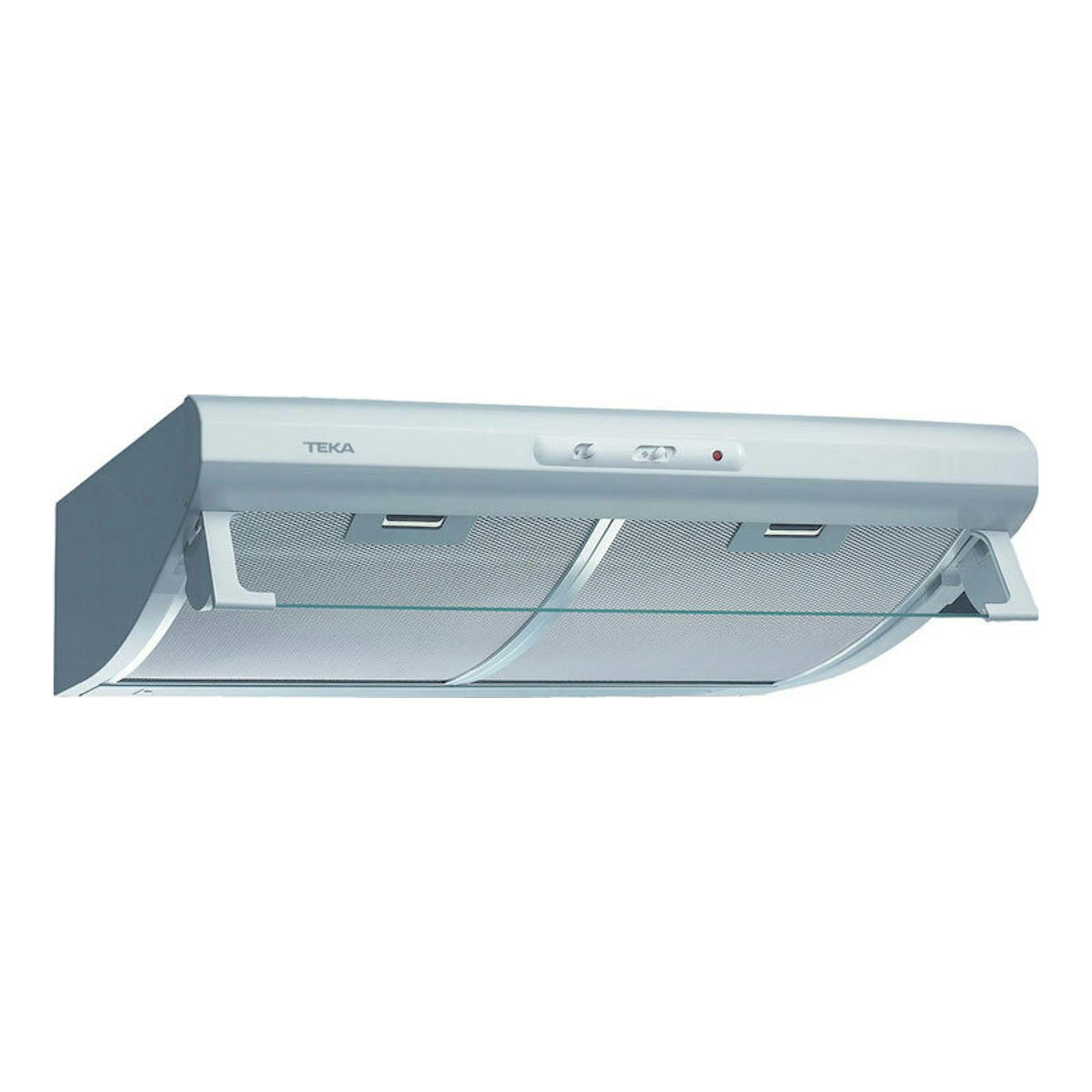 Campana extractora Teka C 6420 blanca, vista frontal en ángulo, con filtros metálicos.