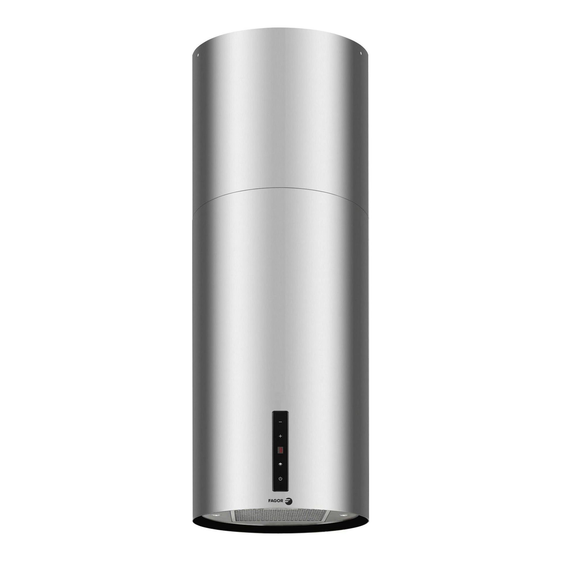 Campana de isla Fagor 3CFC-455IX en inox, vista frontal, forma cilíndrica, con panel de control negro.