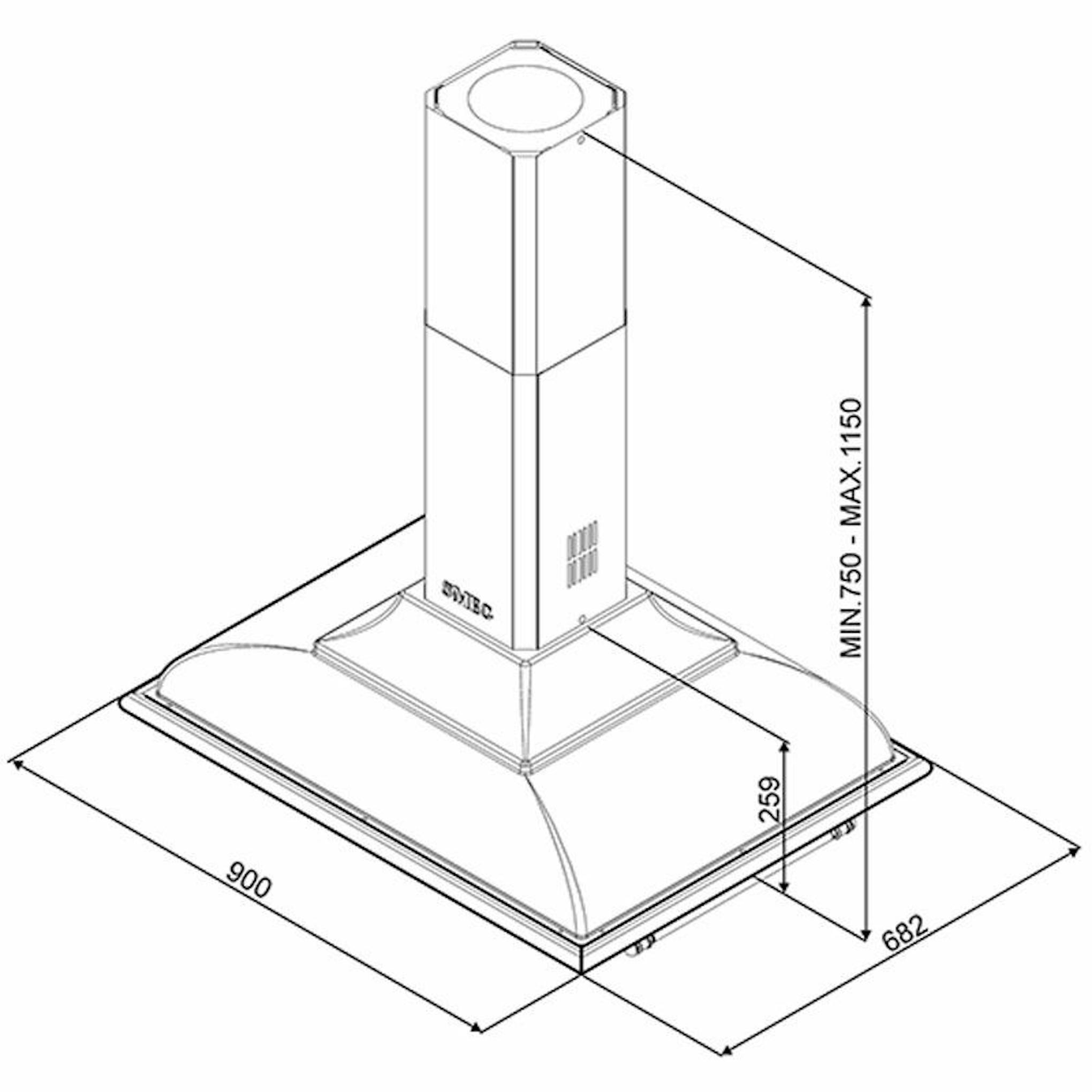 Campana de isla Smeg KCI19AOE antracita, vista técnica con medidas
