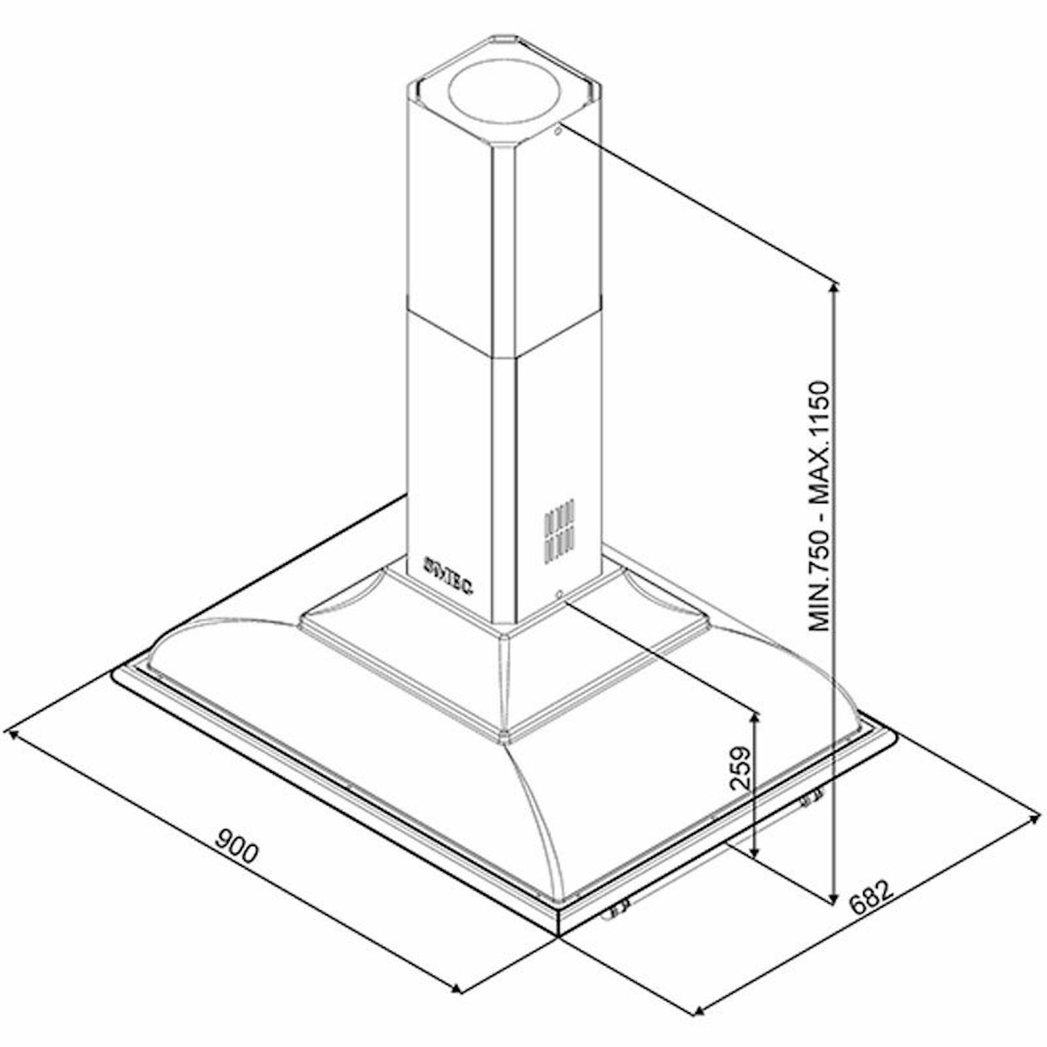 Dibujo técnico de la campana de isla Smeg KCI19POE crema con medidas