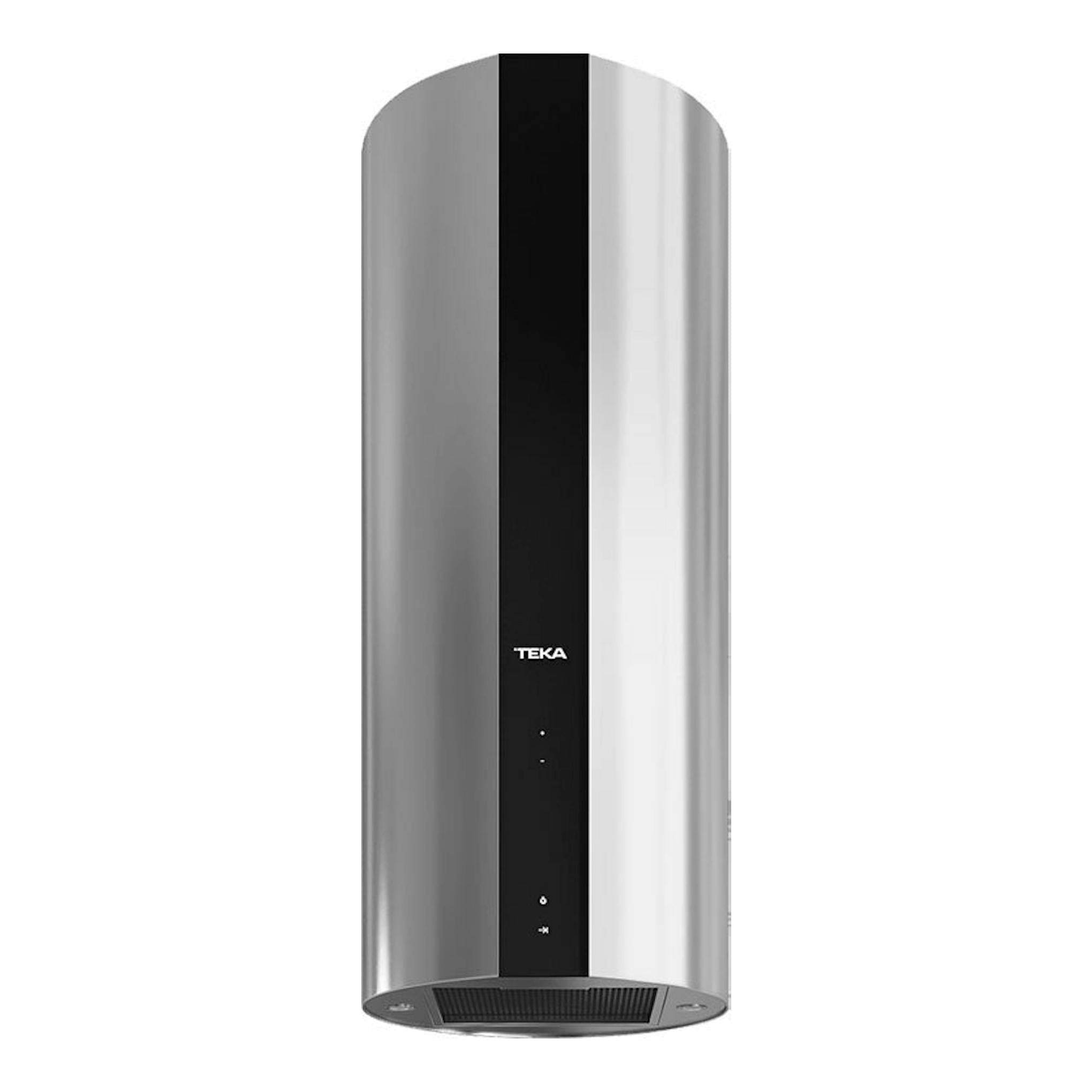 Campana de isla Teka CC485 Inox, vista frontal, cilíndrica, en acero inoxidable y panel central negro.