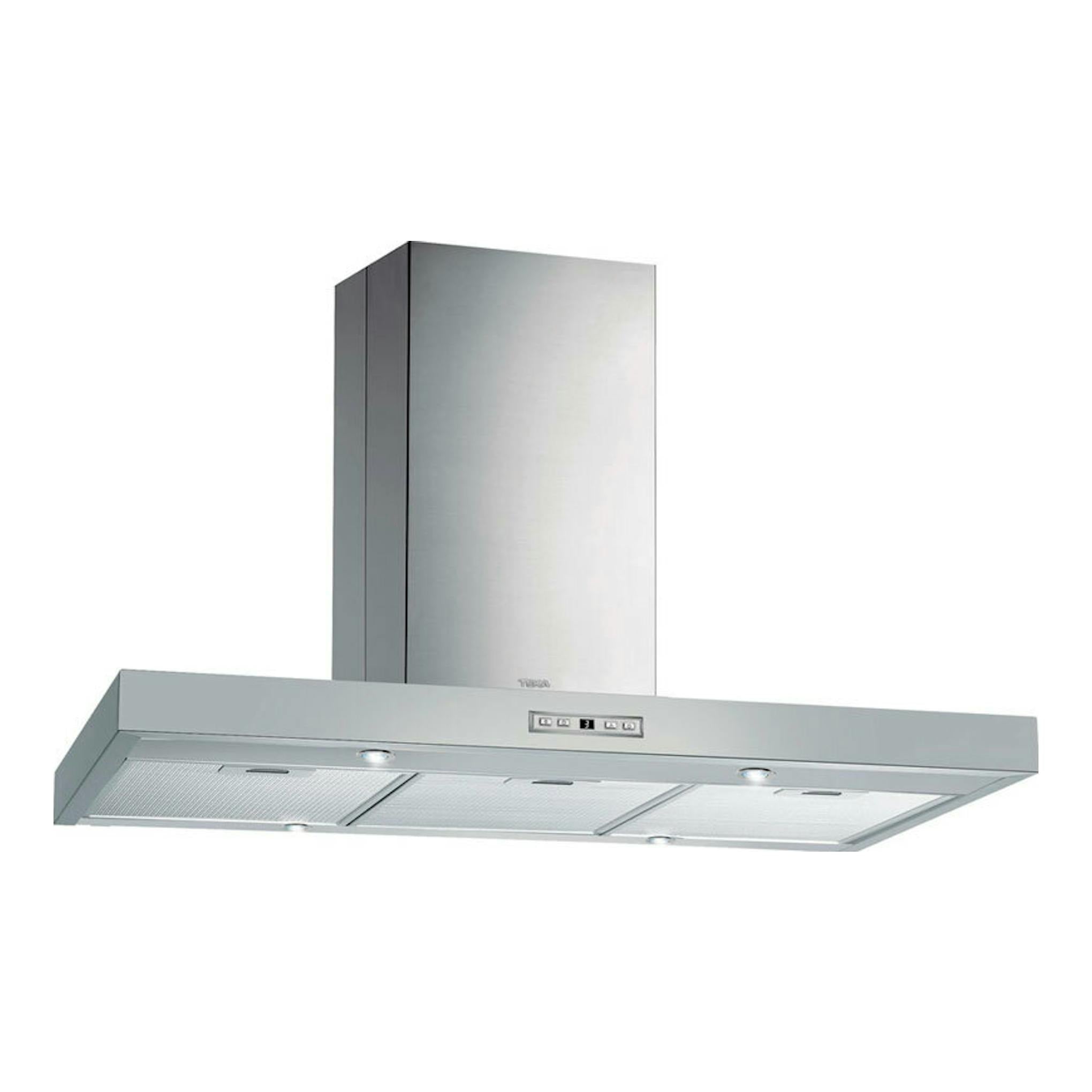 Campana de isla Teka DH2 ISLA 985 inox, vista frontal en ángulo, con acabado plateado y panel inferior.