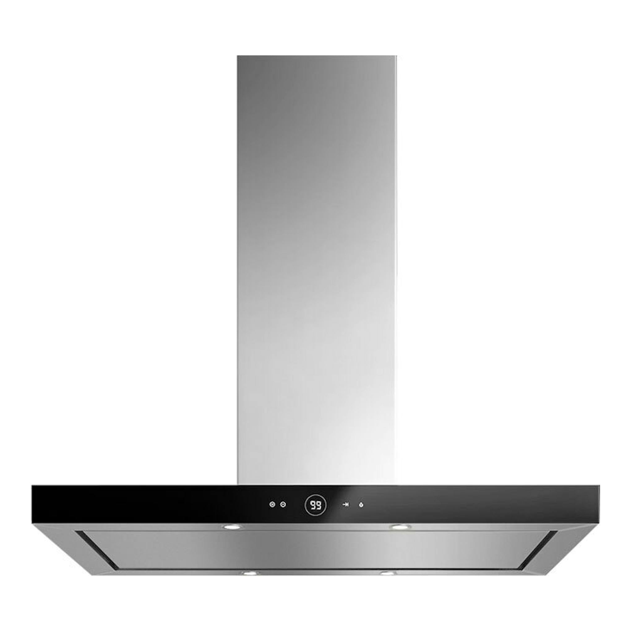 Campana de isla Teka DPL ISLA 1185 negra, vista frontal, con panel inoxidable y frontal negro.