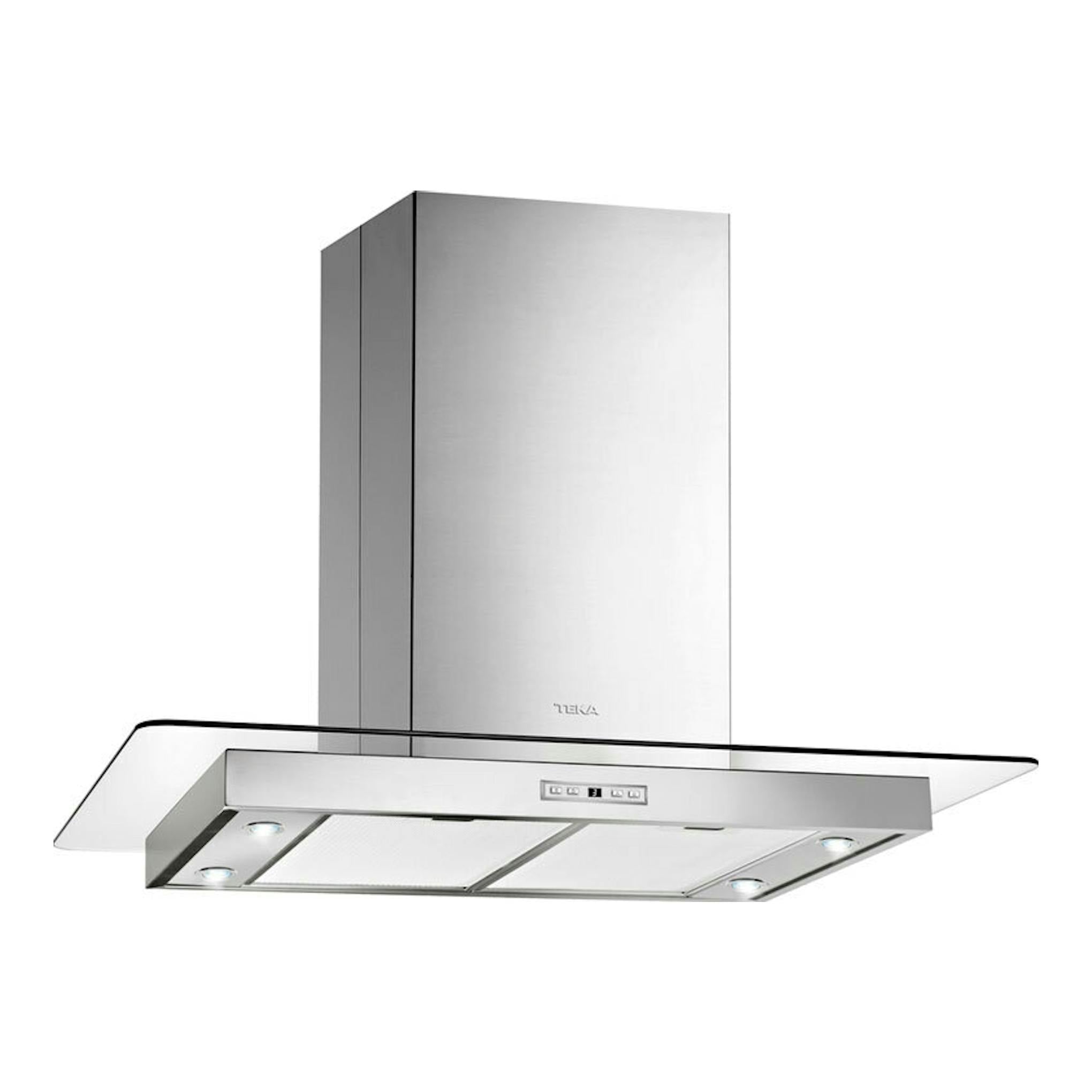 Campana de isla Teka ISLA DG3 985 Inox, vista frontal en ángulo, acero inoxidable con panel de vidrio.