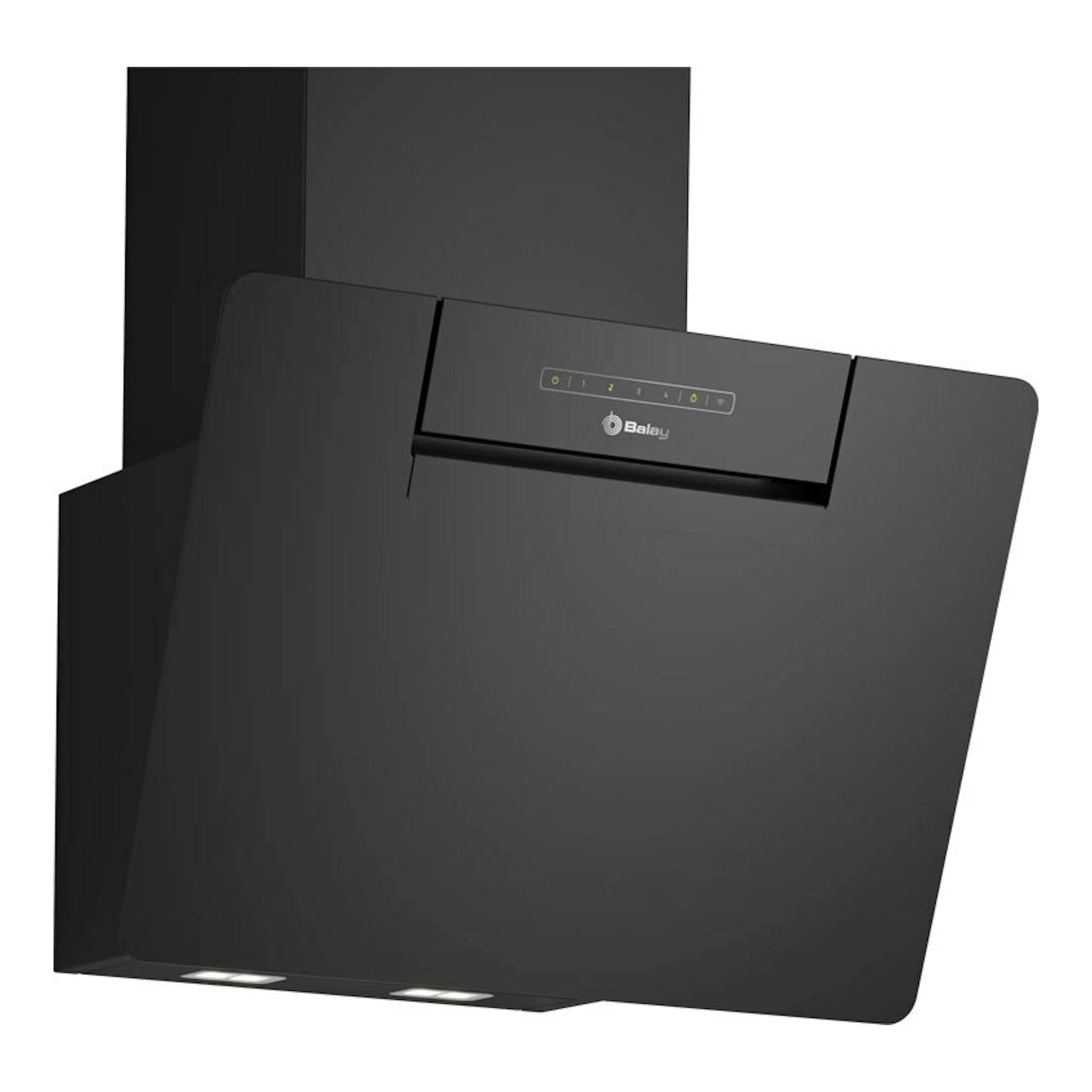 Campana de pared Balay 3BC567GNH en cristal negro, vista frontal inclinada, 60 cm.