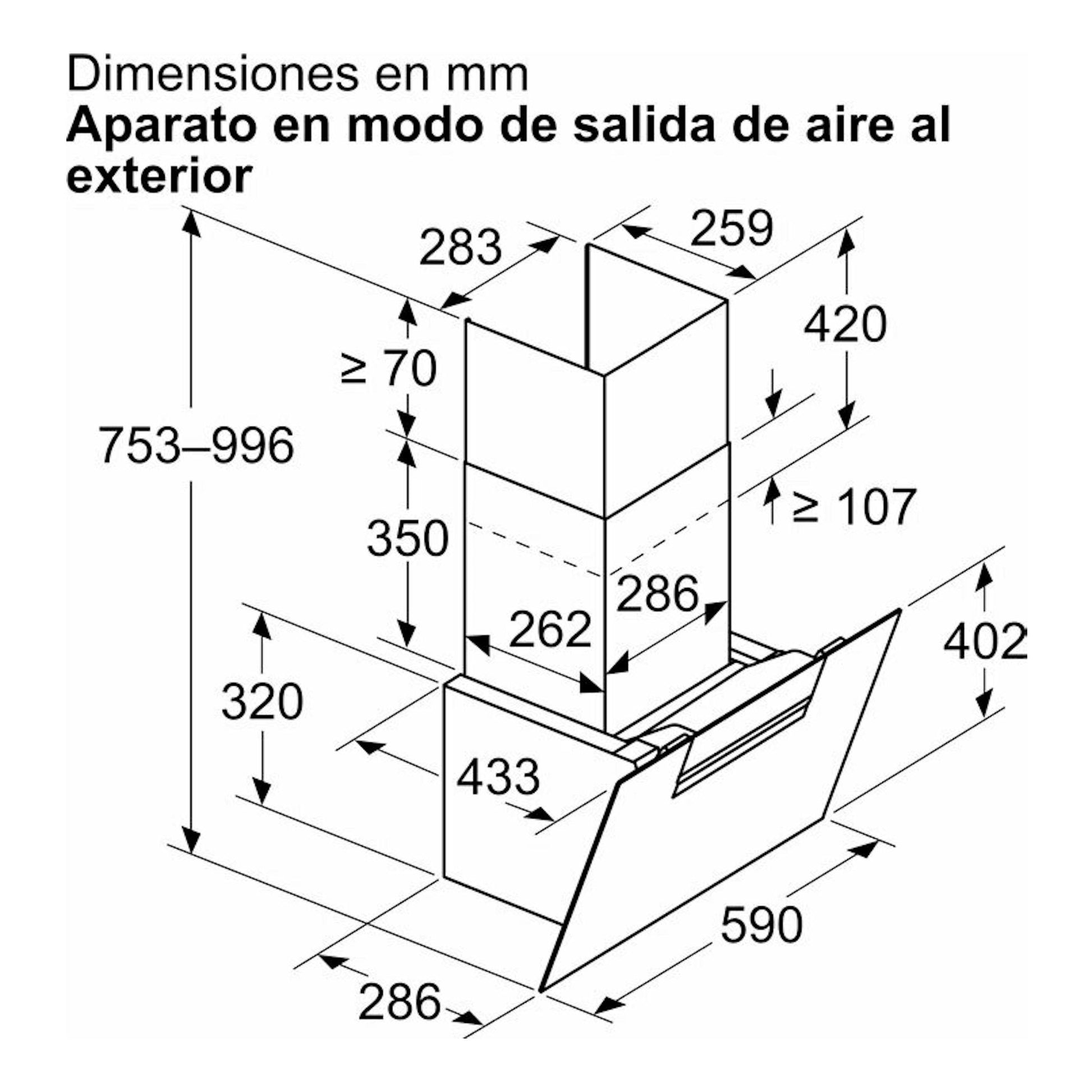Esquema técnico en blanco y negro de una campana de pared Balay 3BC567GNH con medidas.