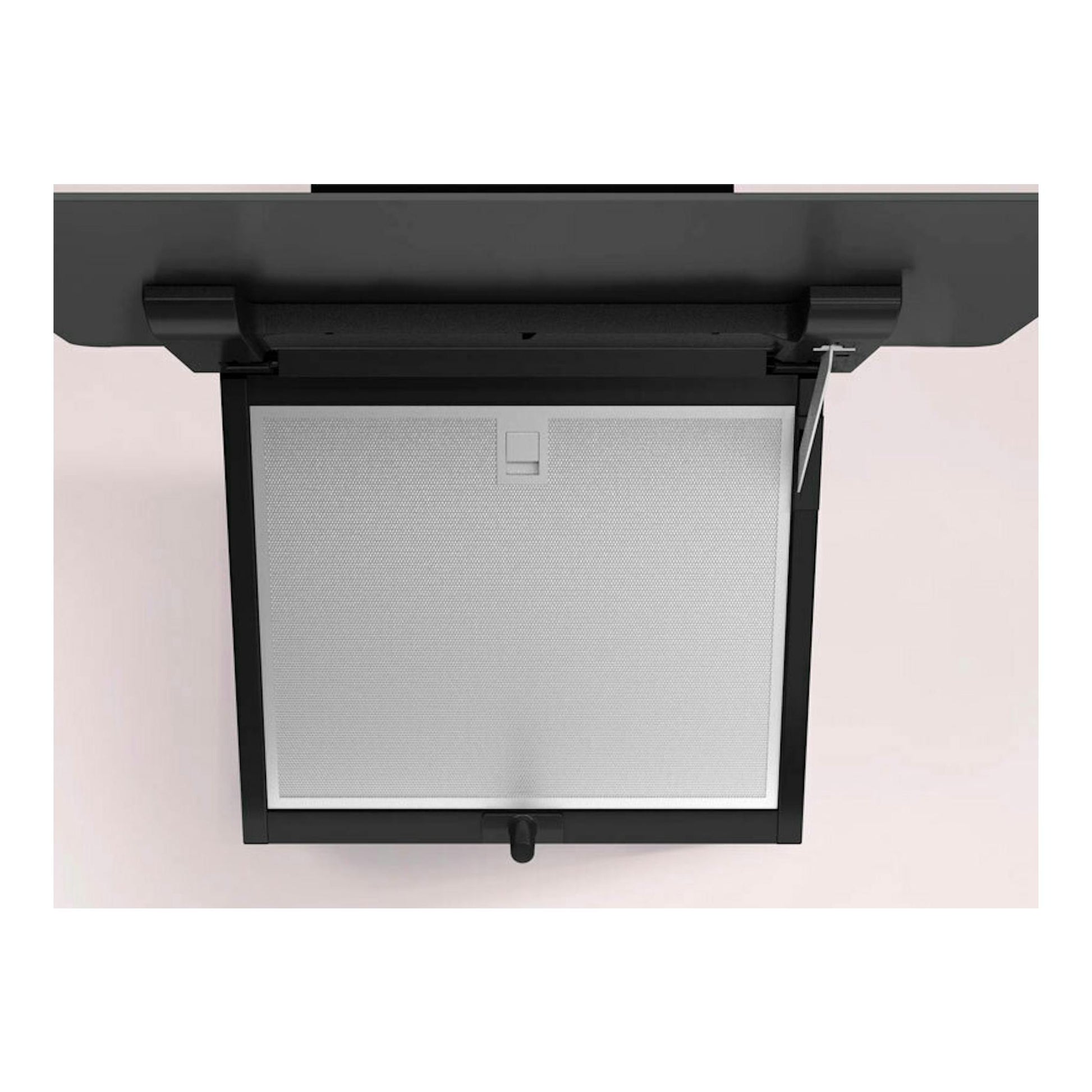 Campana de pared Balay 3BC567GNH de cristal negro, vista frontal inferior con filtro metálico, 60 cm.