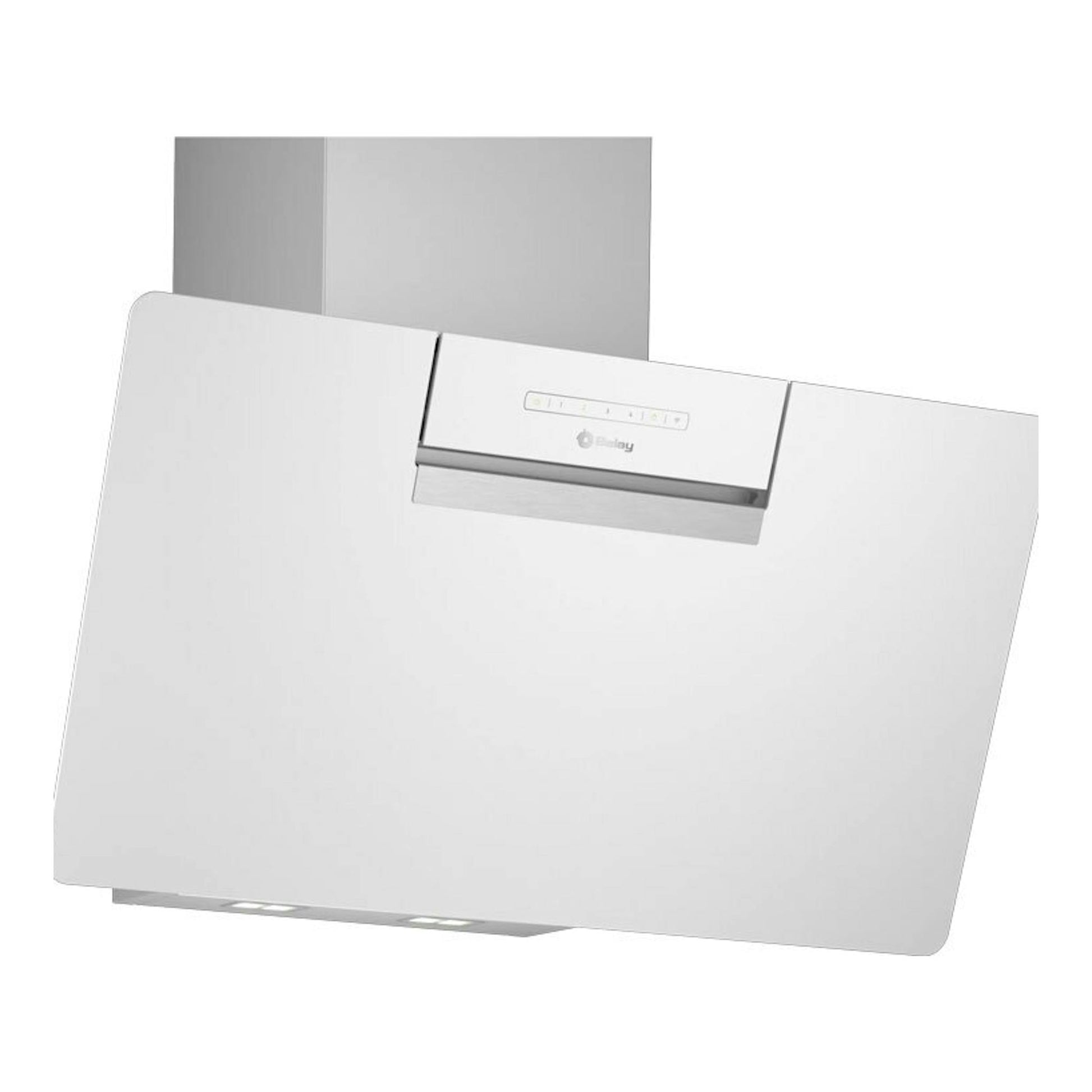 Campana extractora de pared Balay 3BC587GBH, cristal blanco, vista frontal ligeramente inclinada.