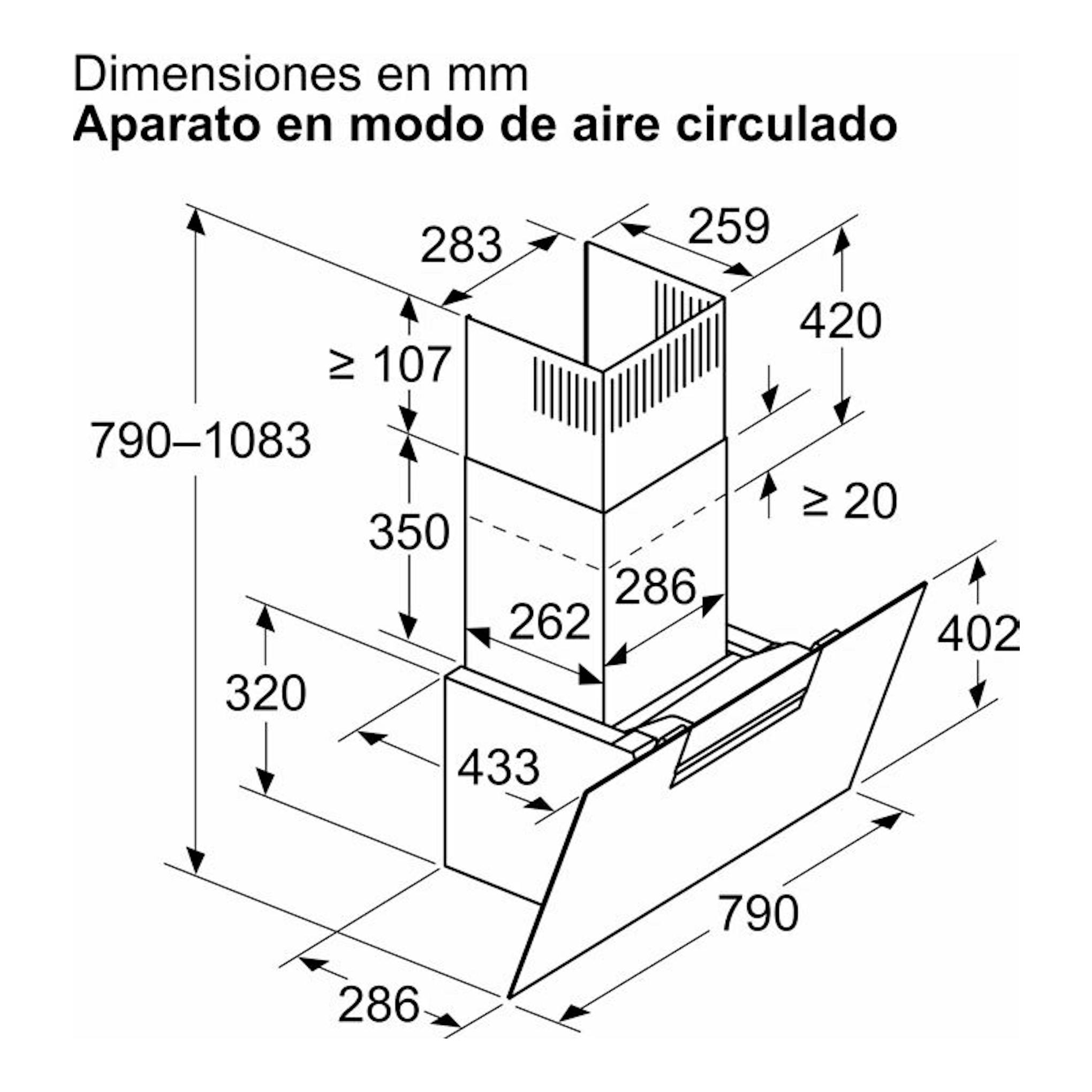 Esquema técnico de campana de pared Balay 3BC587GBH en vidrio blanco, con medidas en mm y vista en perspectiva.