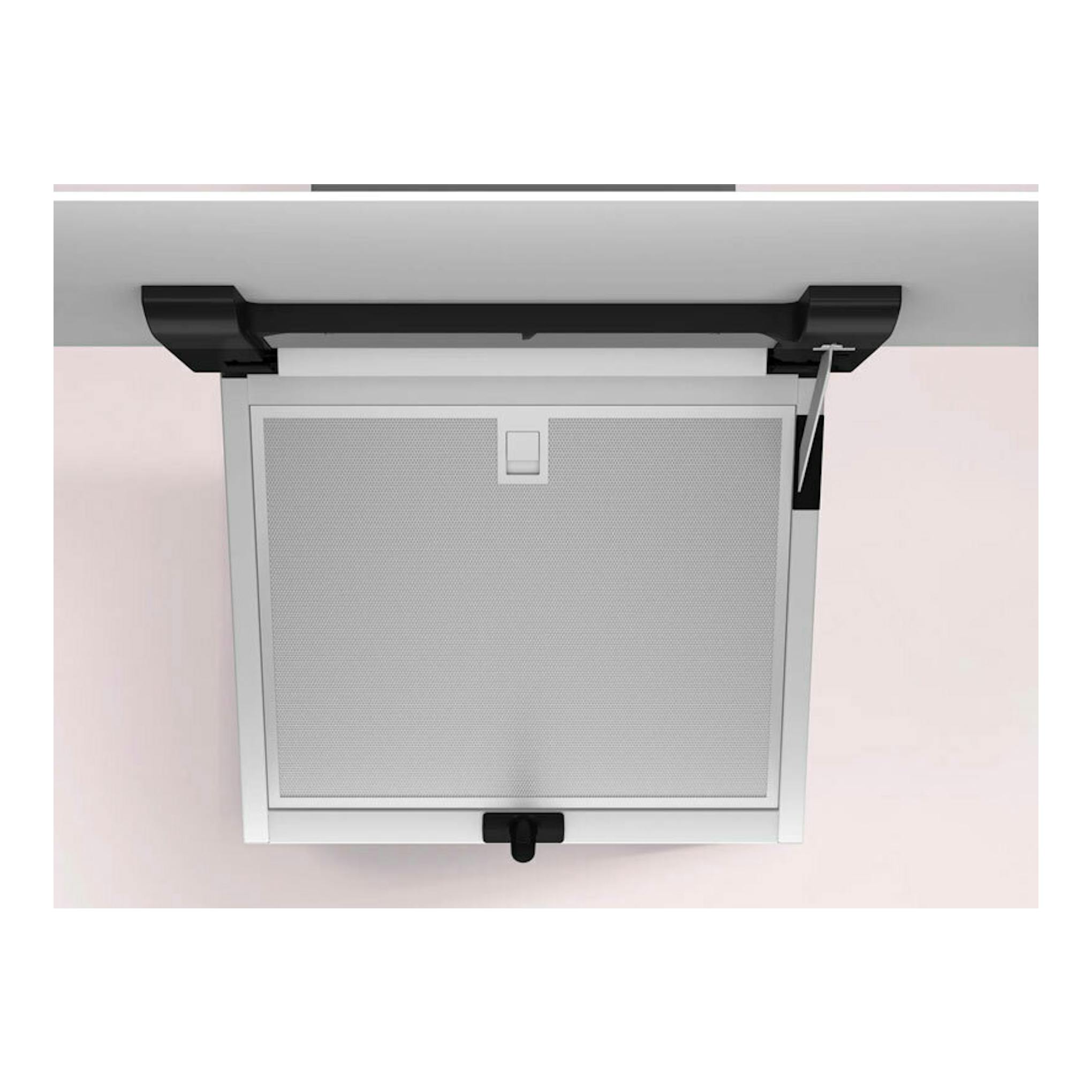 Campana de pared Balay 3BC587GBH, vista frontal, blanca con borde negro y panel de cristal.