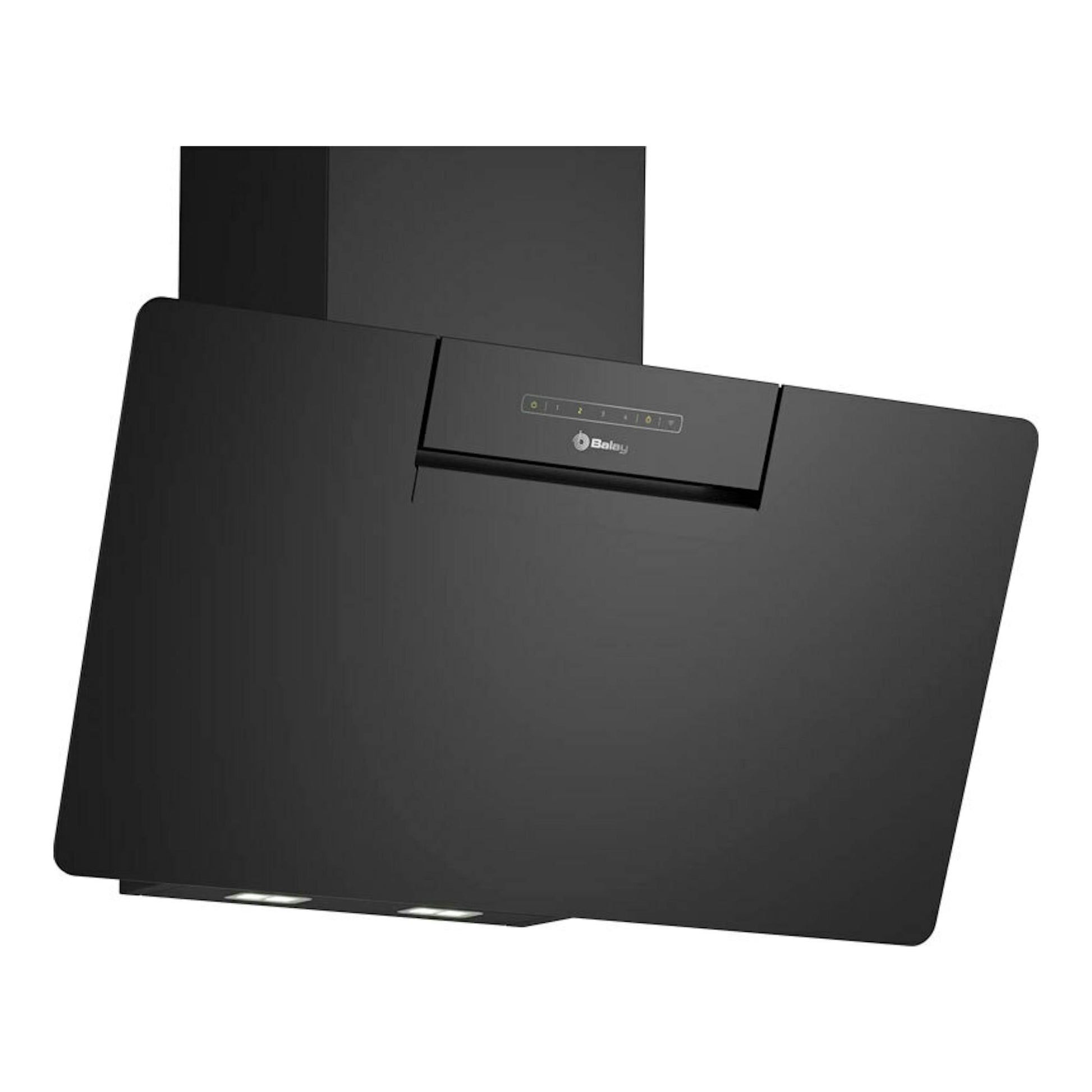 Campana extractora de pared Balay 3BC587GNH, cristal negro, vista frontal inclinada.