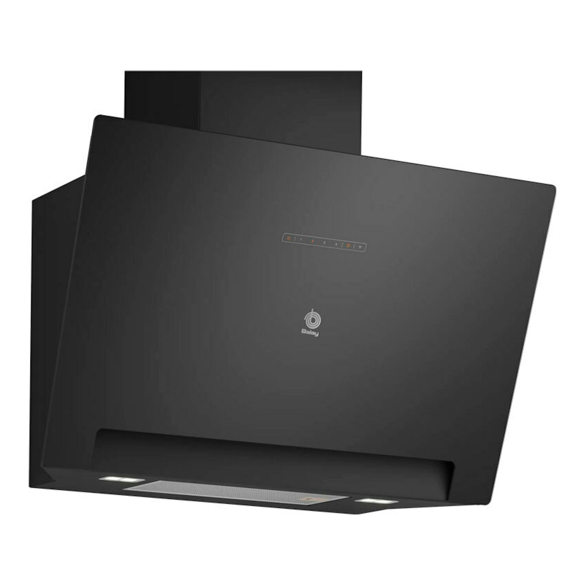 Campana de pared Balay 3BC587LN de cristal negro, vista frontal en ángulo, con panel táctil e iluminación.