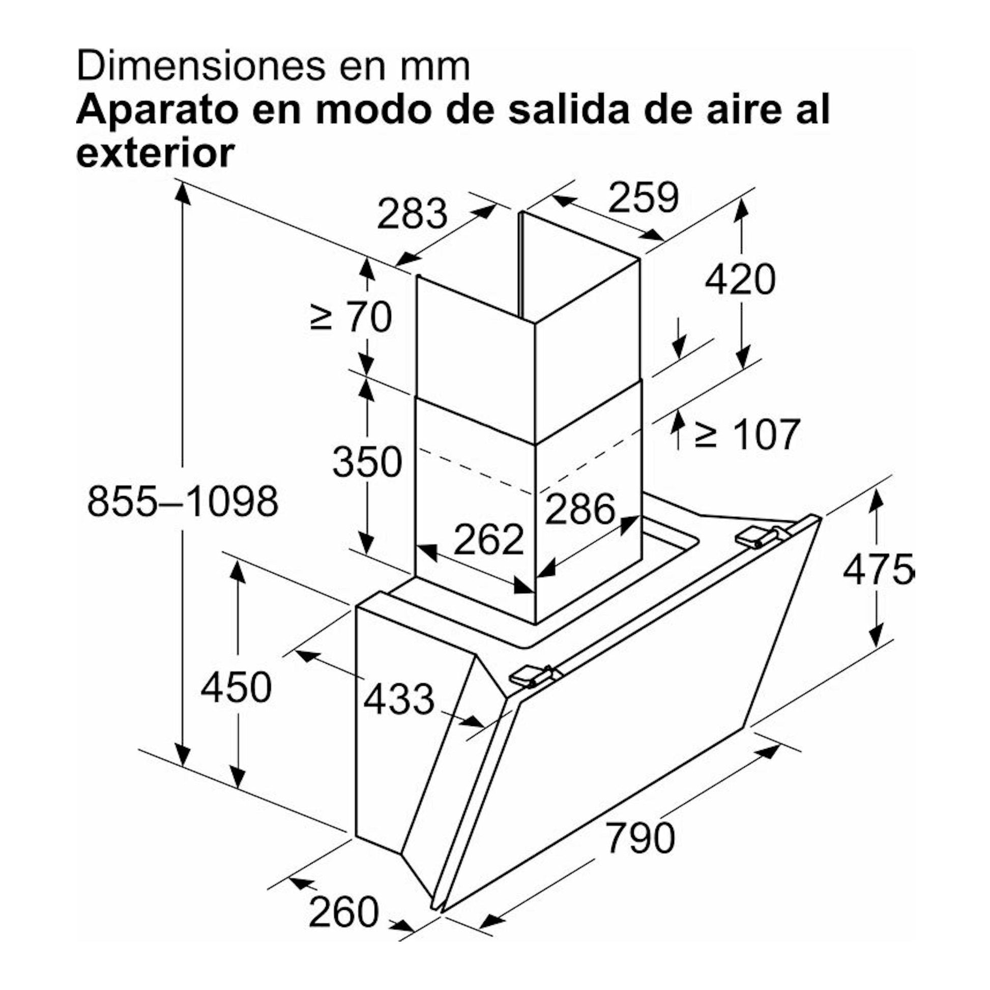 Esquema acotado de campana de pared Balay 3BC587LN en cristal negro, vista isométrica con medidas en mm.