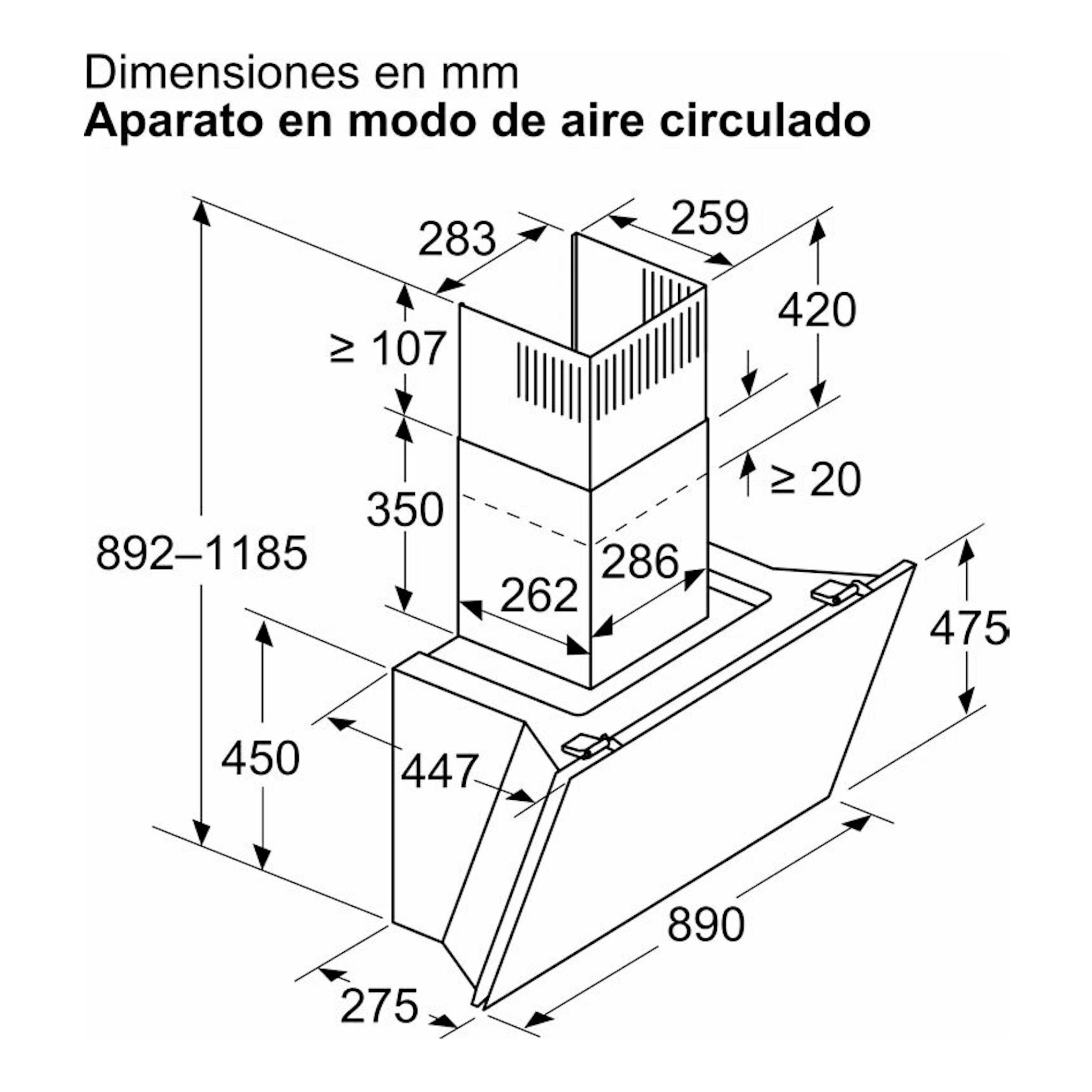Balay 3BC599AB, dibujo técnico en perspectiva de campana de pared blanca con medidas en mm.