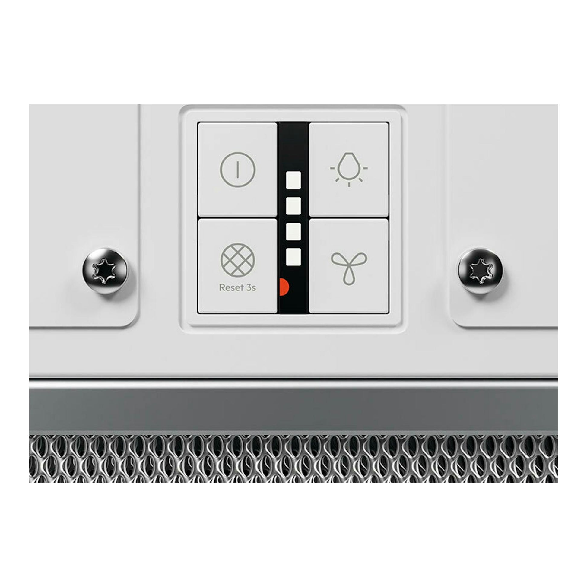Campana de techo AEG NDC7792SW blanca, vista frontal del panel de control con botones e indicadores.
