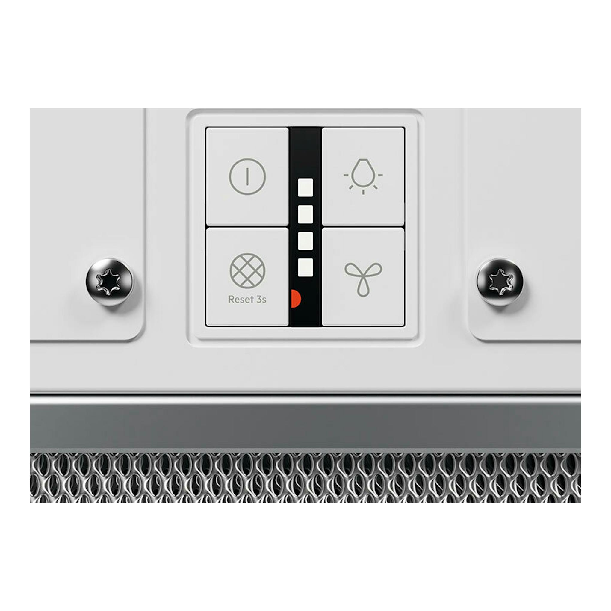 Campana de techo AEG NDC7792SW blanca, vista frontal del panel de control con botones e indicadores.