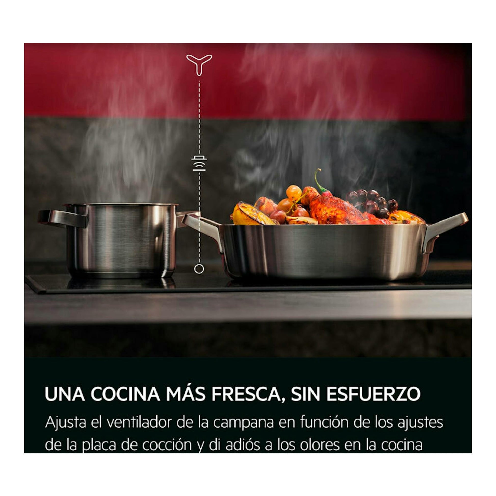 AEG NDC7792SW: dos cazuelas sobre una placa de cocción con vapor y texto promocional en fondo oscuro.