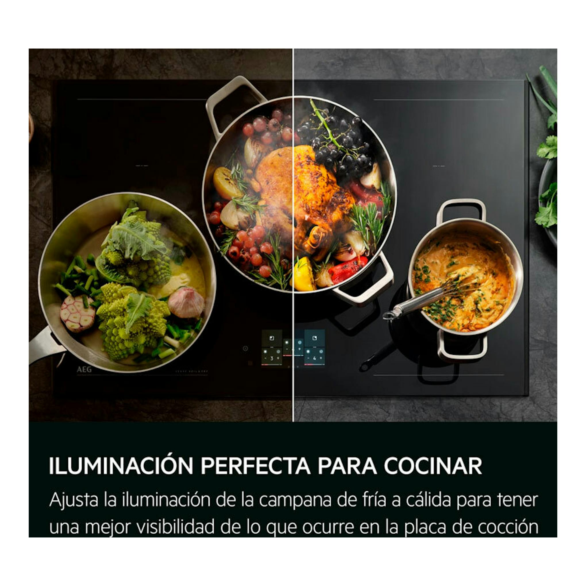 Imagen promocional de AEG NDC7792SW: placa de cocción negra con tres ollas y texto sobre iluminación.