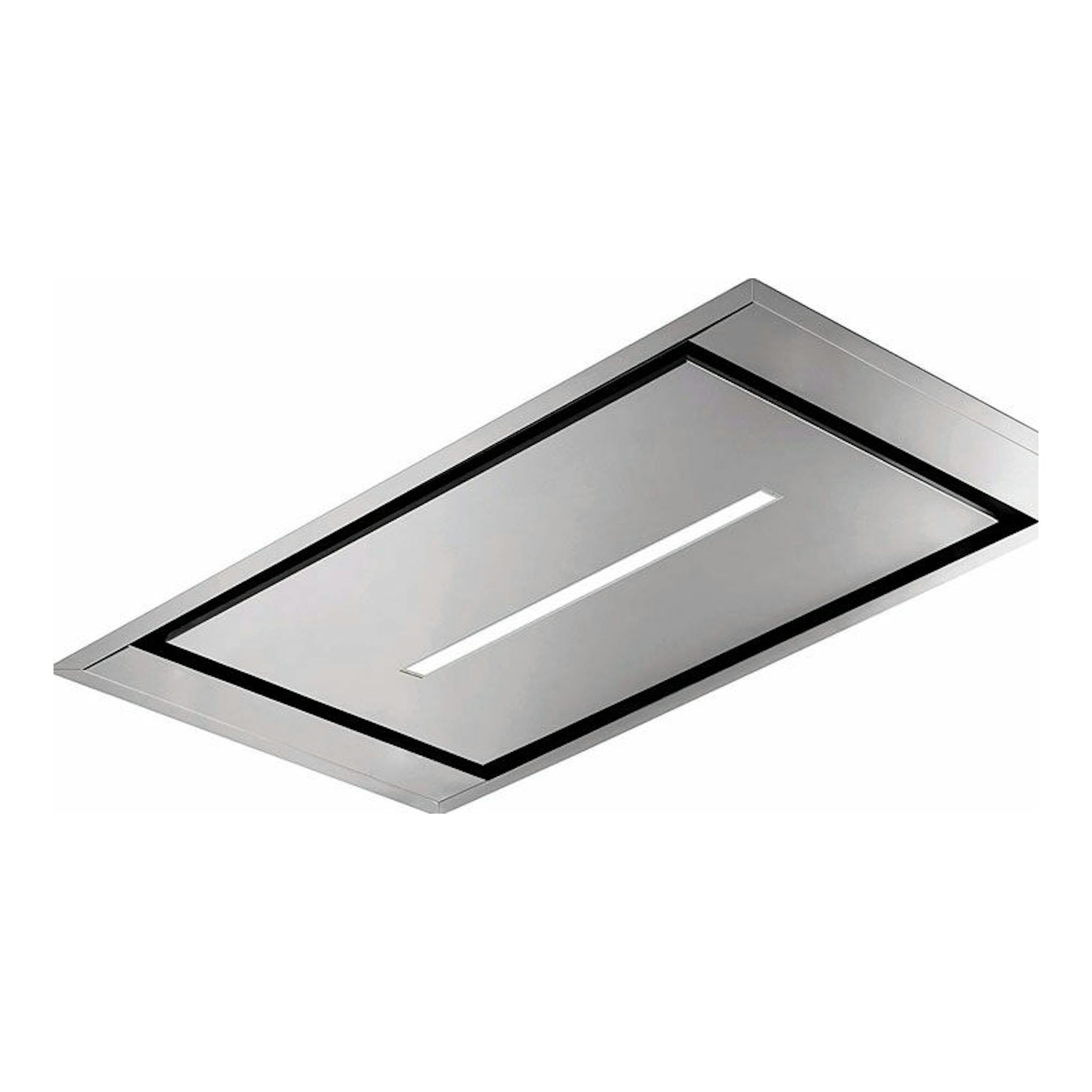 Campana de techo Mepamsa Cielo 90 inox, rectangular de acero inoxidable, vista en ángulo sobre fondo blanco.