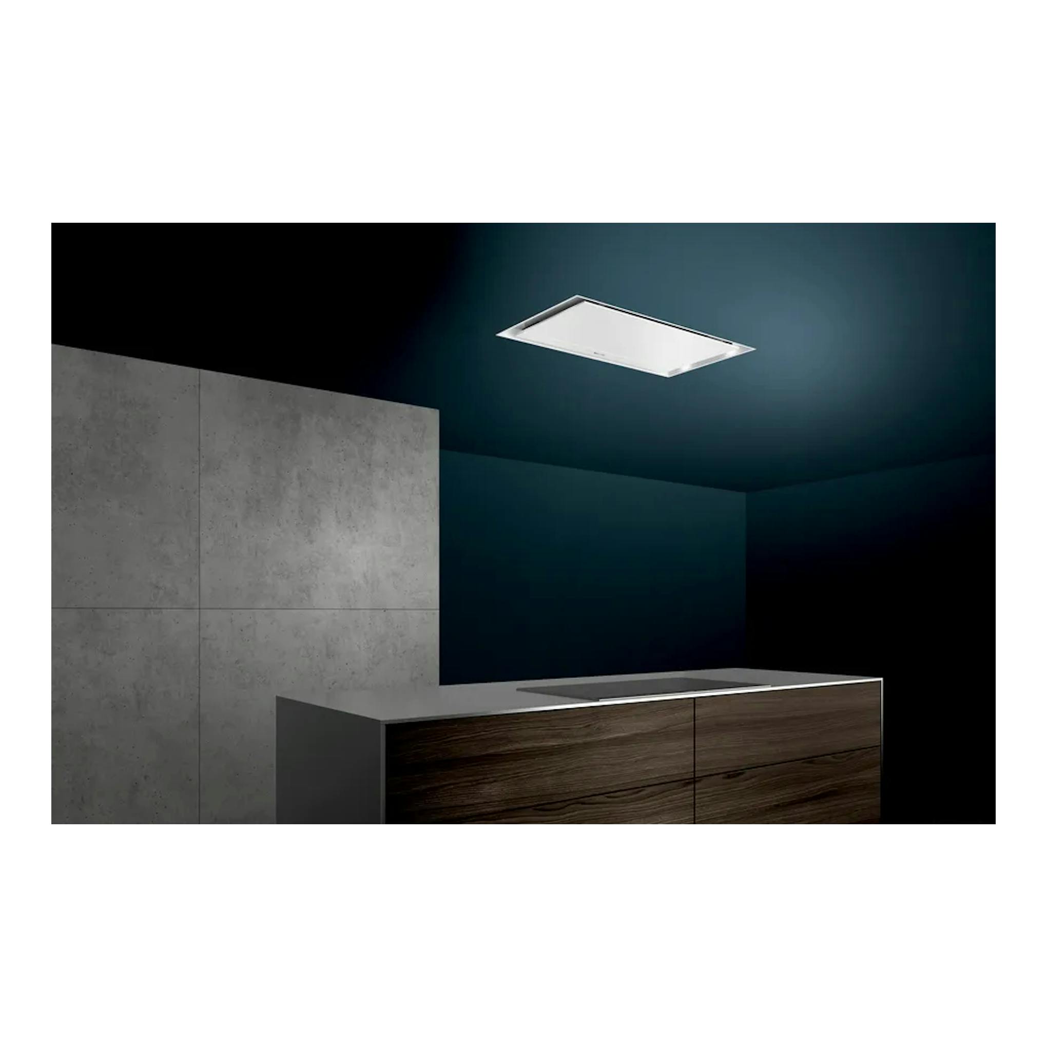 Campana de techo Siemens LR96CAQ20 blanca, vista en contrapicado sobre una cocina moderna.