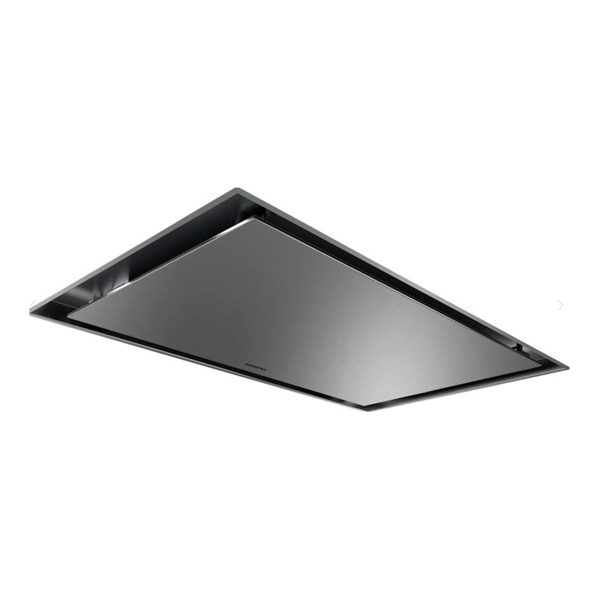 Siemens LR97CAQ50, campana de techo inox de 90 cm, vista inferior en ángulo, rectangular.