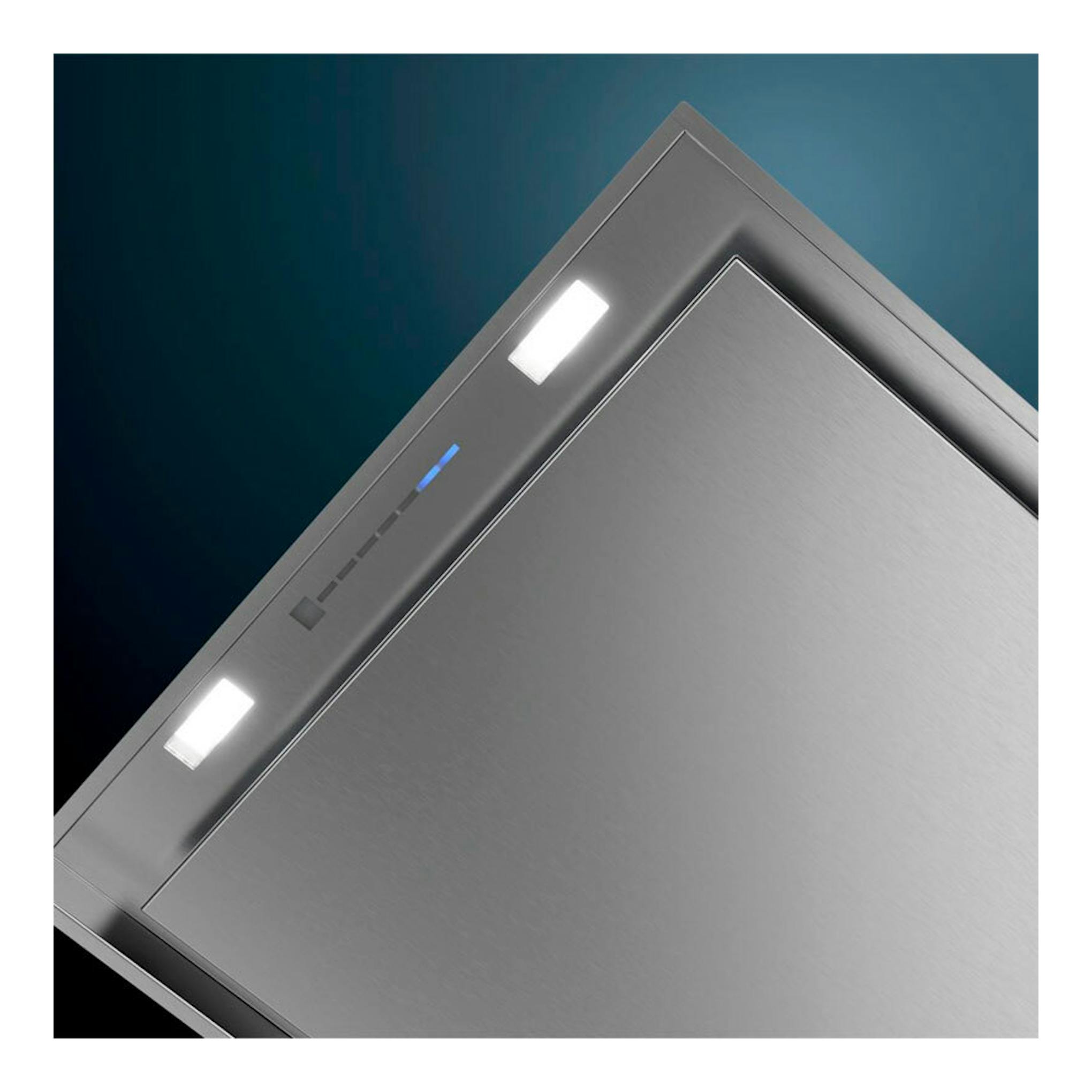 Campana de techo Siemens LR97CAQ50 en inox, vista en diagonal con luces LED encendidas.