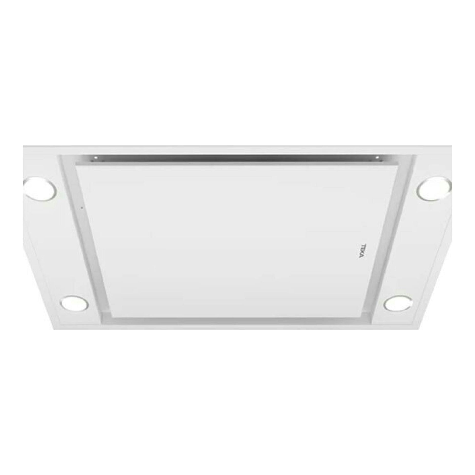 Campana de techo Teka DHT96340 blanca, vista inferior, cuadrada, con cuatro focos.