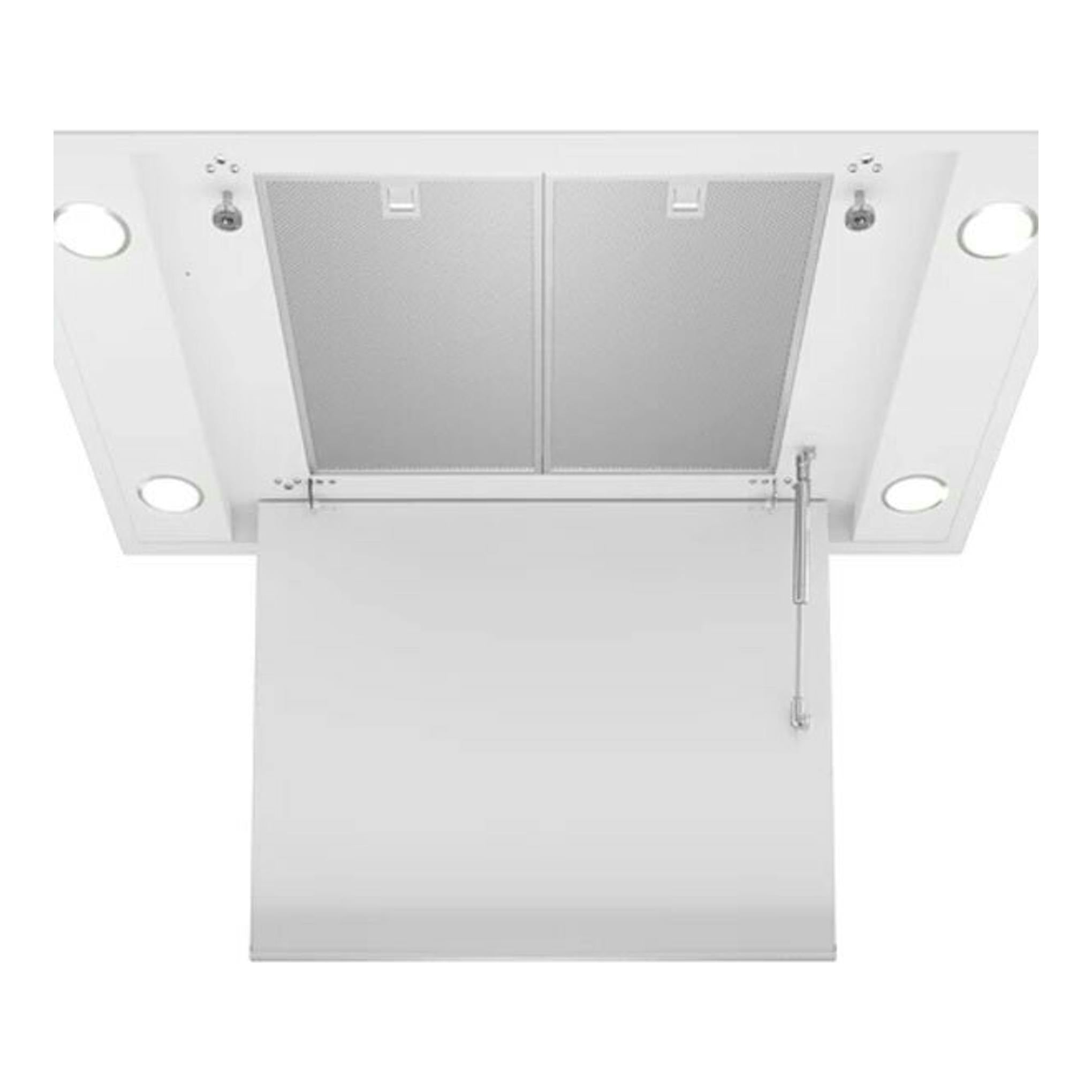 Campana de techo Teka DHT96340 blanca, vista inferior, con filtros metálicos y panel abatible.