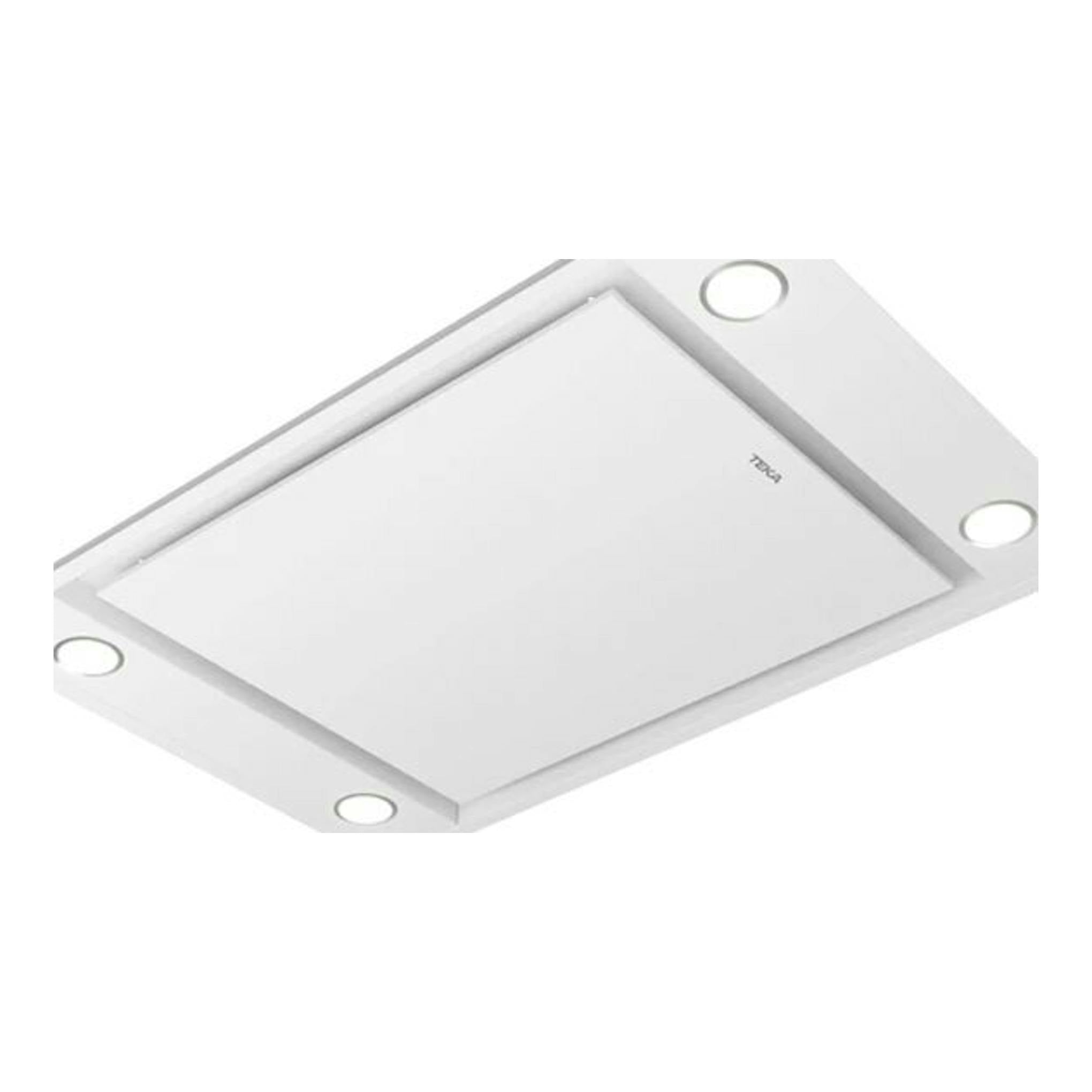 Campana de techo Teka DHT96340 blanca, vista inferior en ángulo, con cuatro focos circulares.