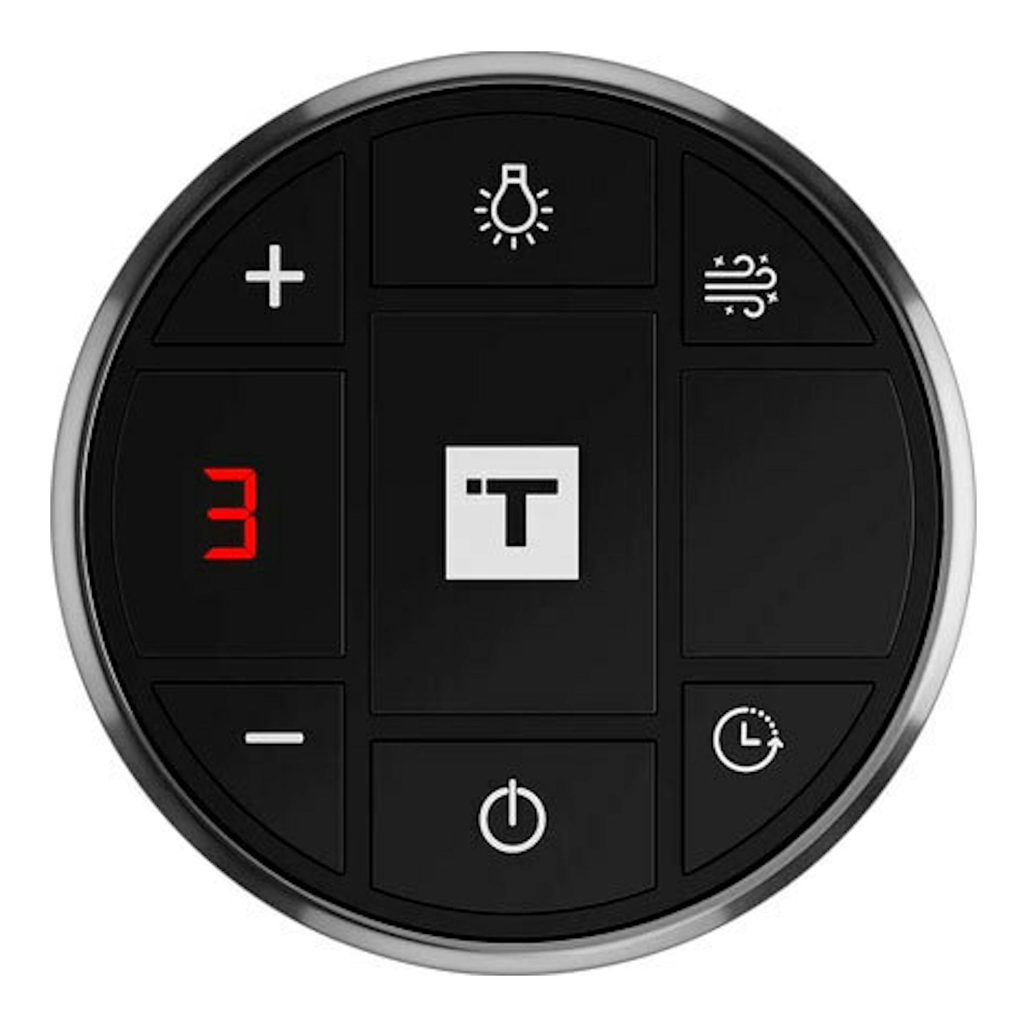 Panel táctil circular negro de la campana de techo Teka DHT96340, con botones e indicador rojo.