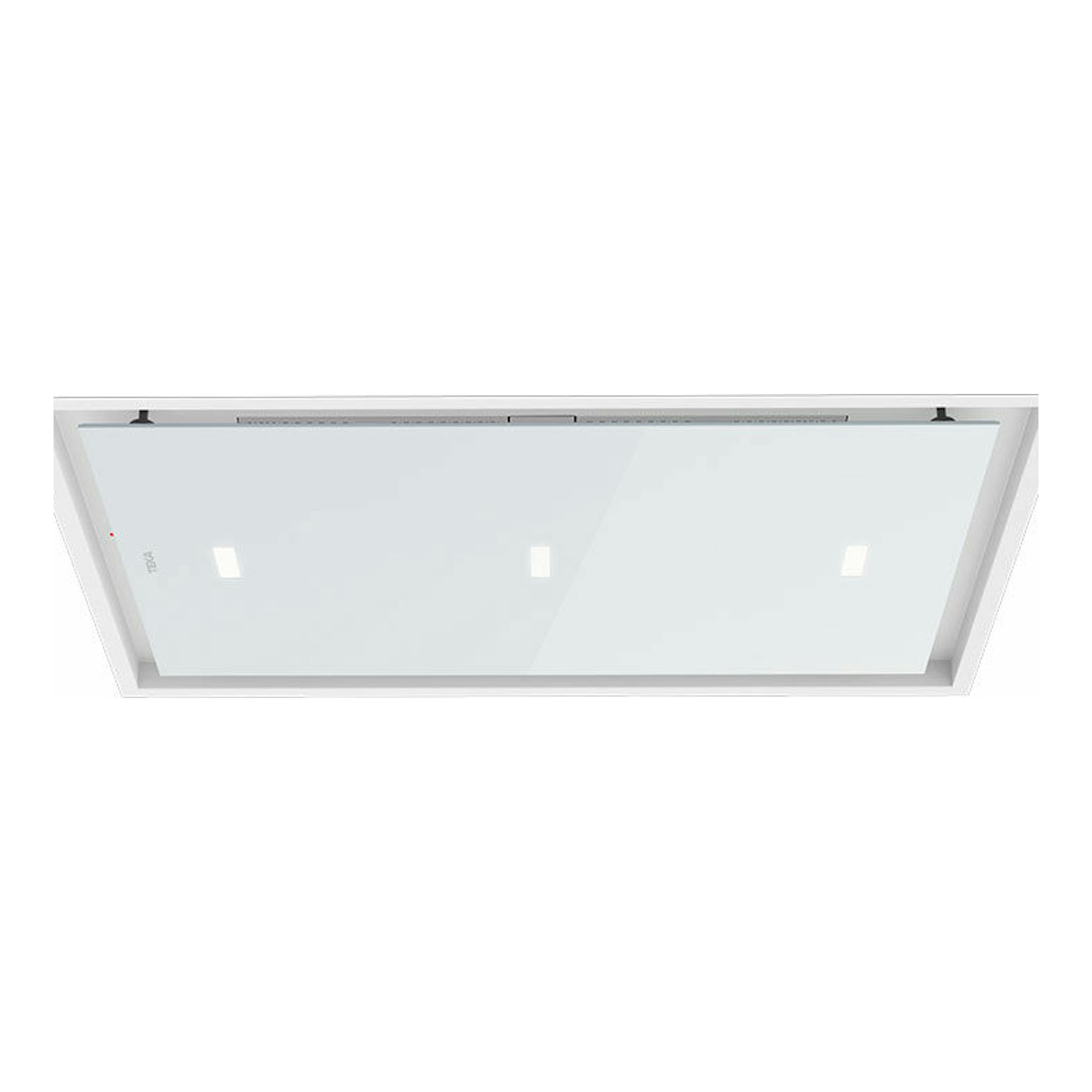 Campana de techo Teka DHT97670ROSWH blanca, vista inferior rectangular con panel de vidrio.