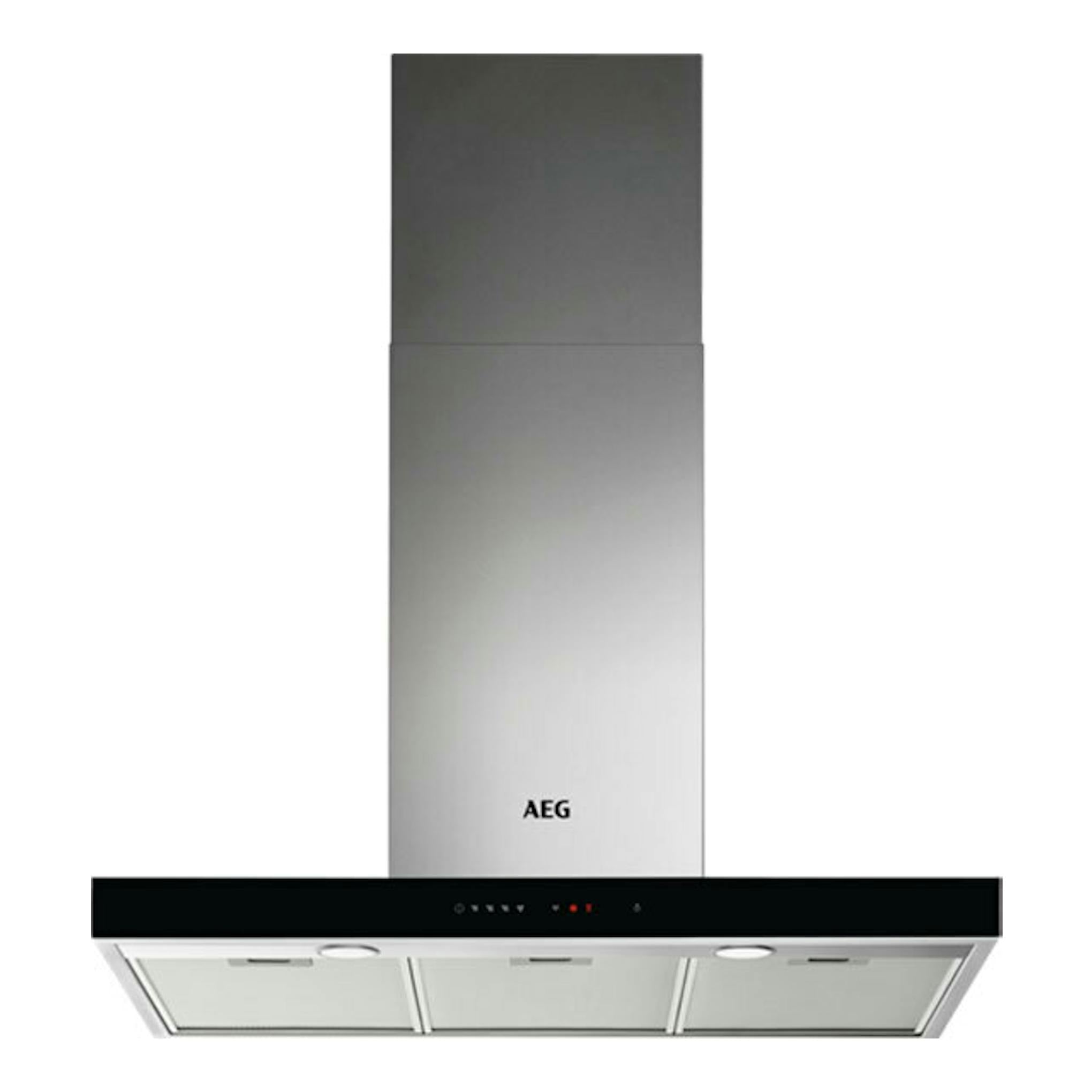 Campana decorativa AEG DBE5960HB inox, vista frontal, con cuerpo metálico y panel negro.
