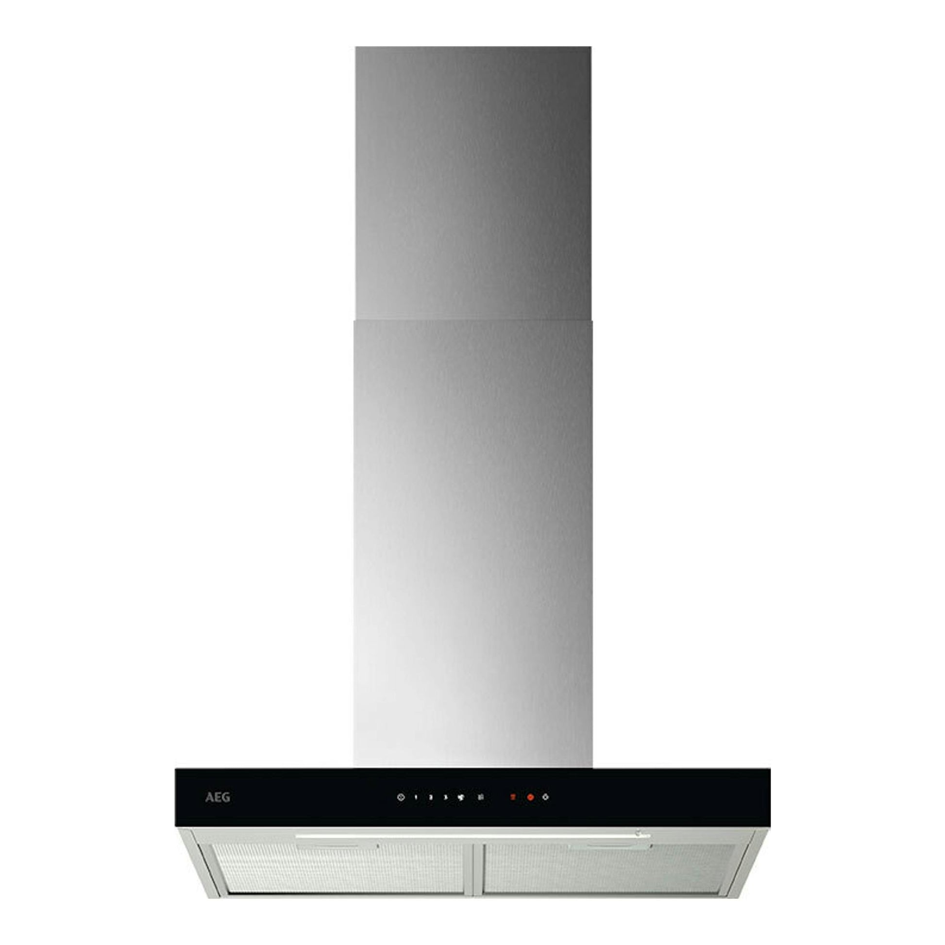 Campana decorativa AEG GB67D61HL de inox, vista frontal, con chimenea plateada y panel negro.