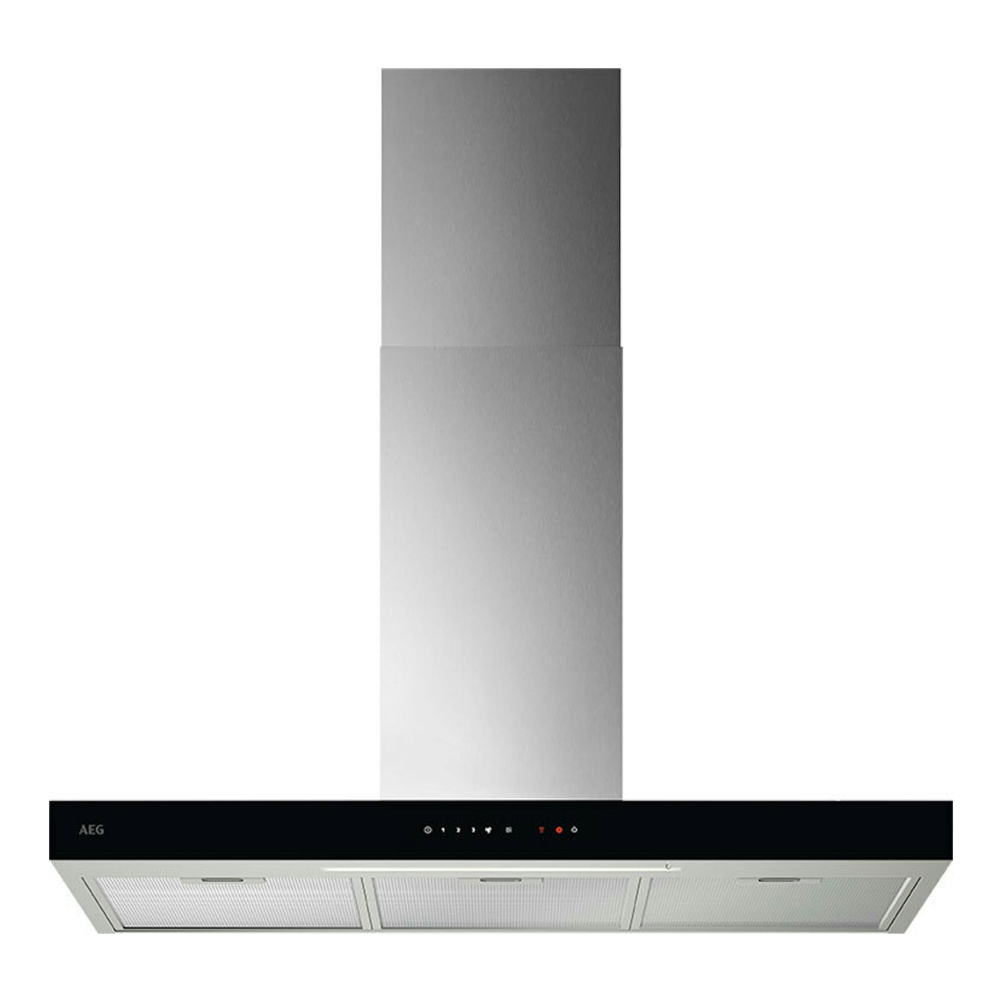 Campana extractora decorativa AEG GB67D91HL en inox, vista frontal, 90 cm.