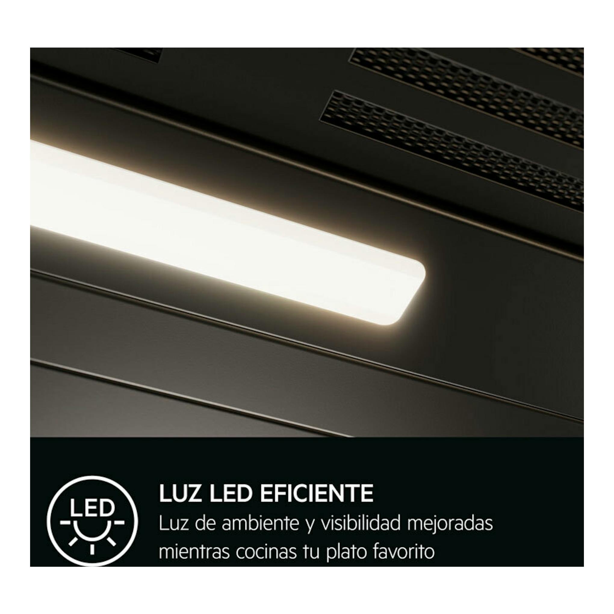 Campana extractora AEG GB67D91HL inox, vista en detalle del panel con luz LED encendida.