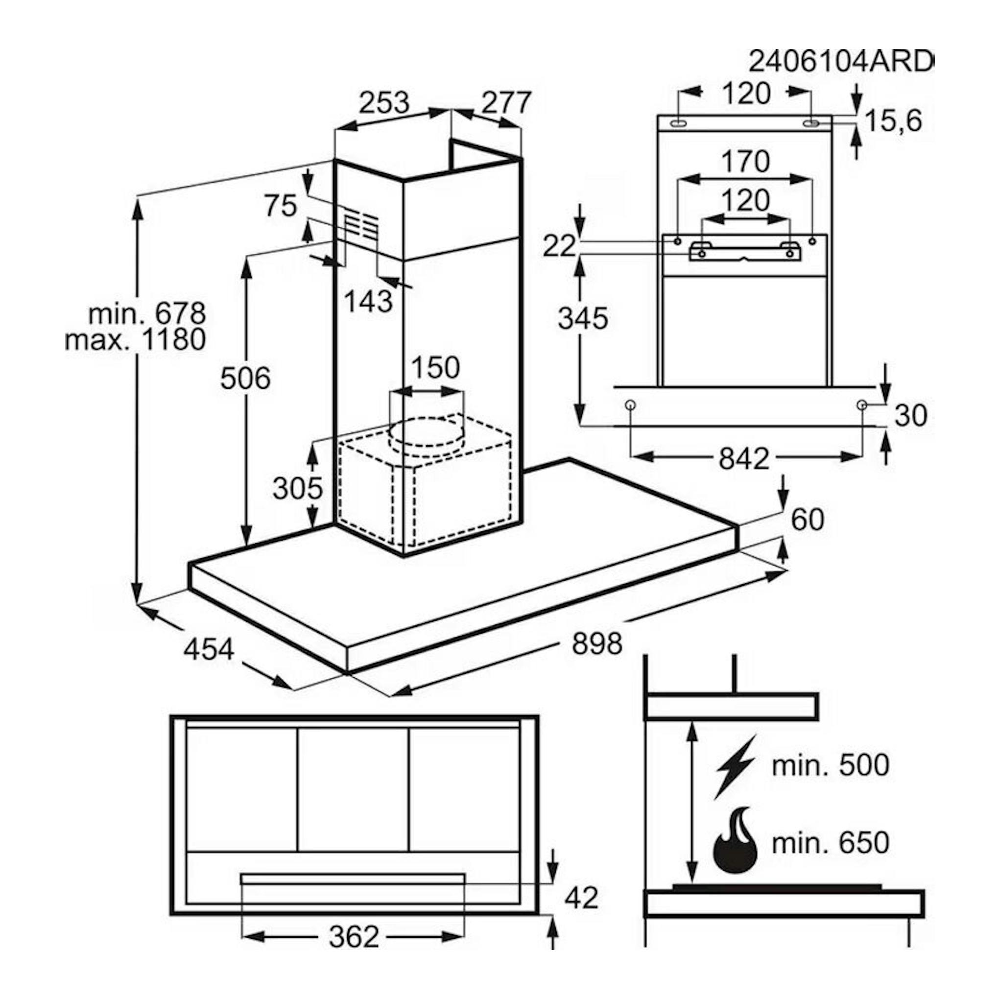 AEG GB67D91HL: campana decorativa inox de 90 cm, dibujo técnico con medidas.