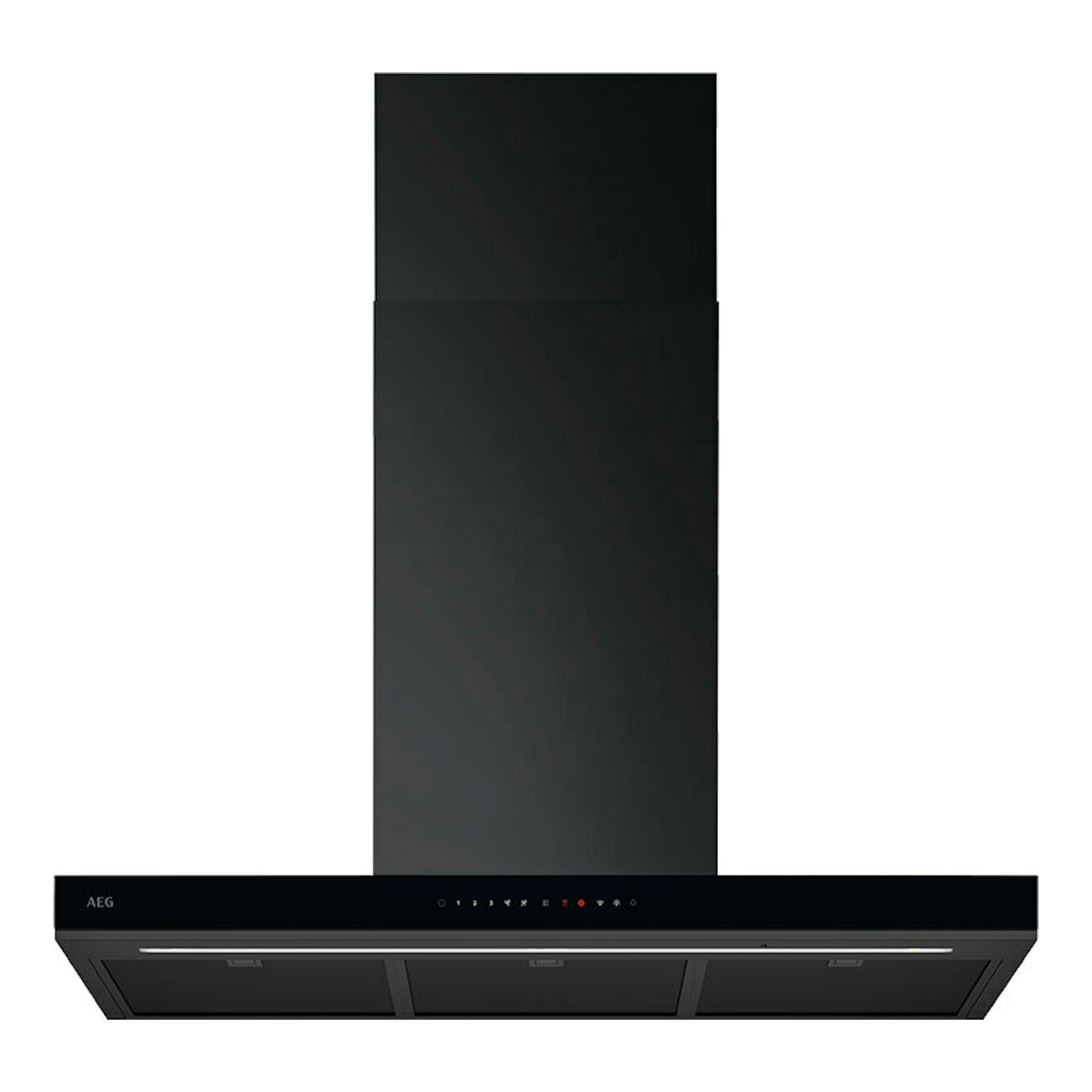 Campana decorativa AEG GB87D91CB negra, vista frontal, de pared.
