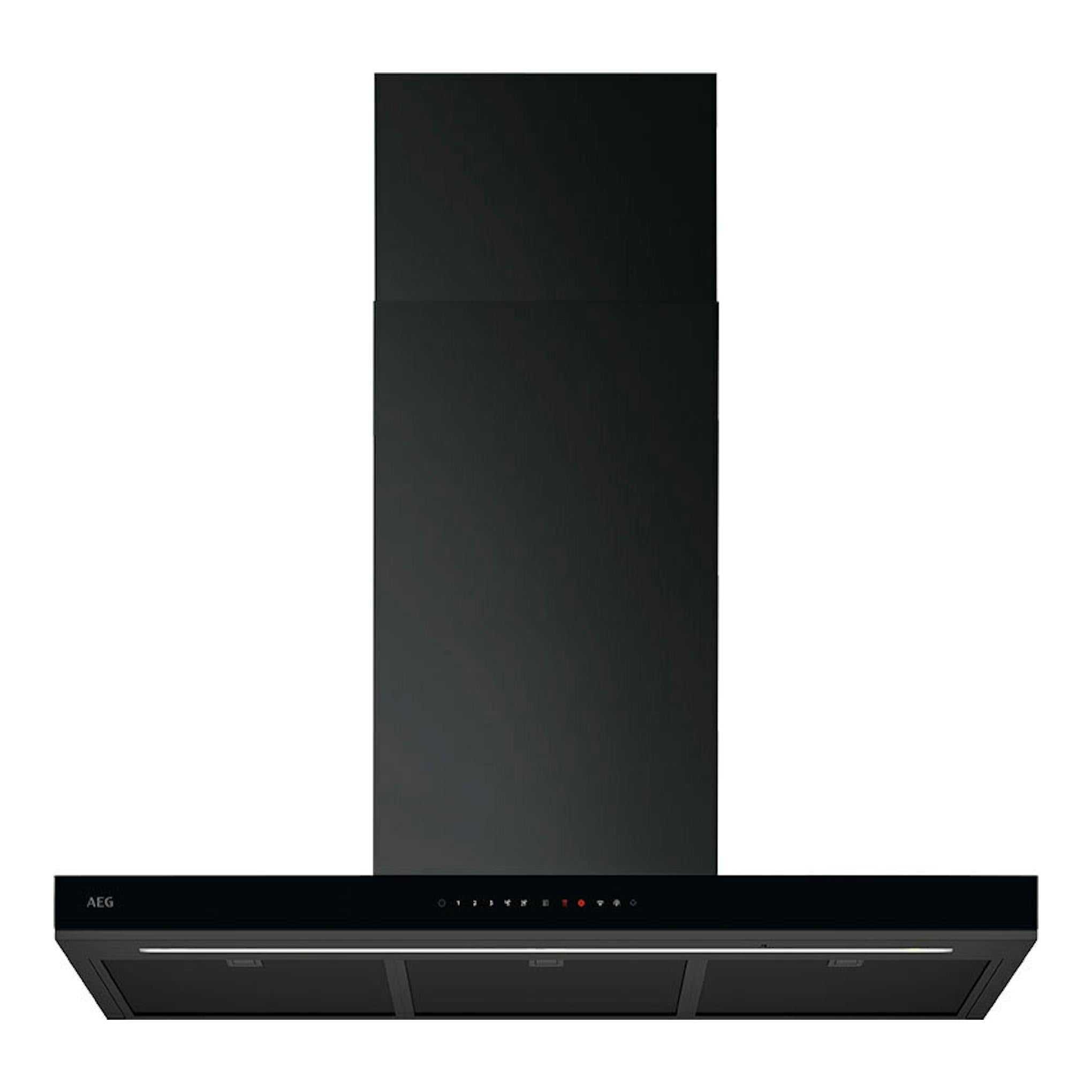 Campana decorativa AEG GB87D91CB negra, vista frontal, de pared.