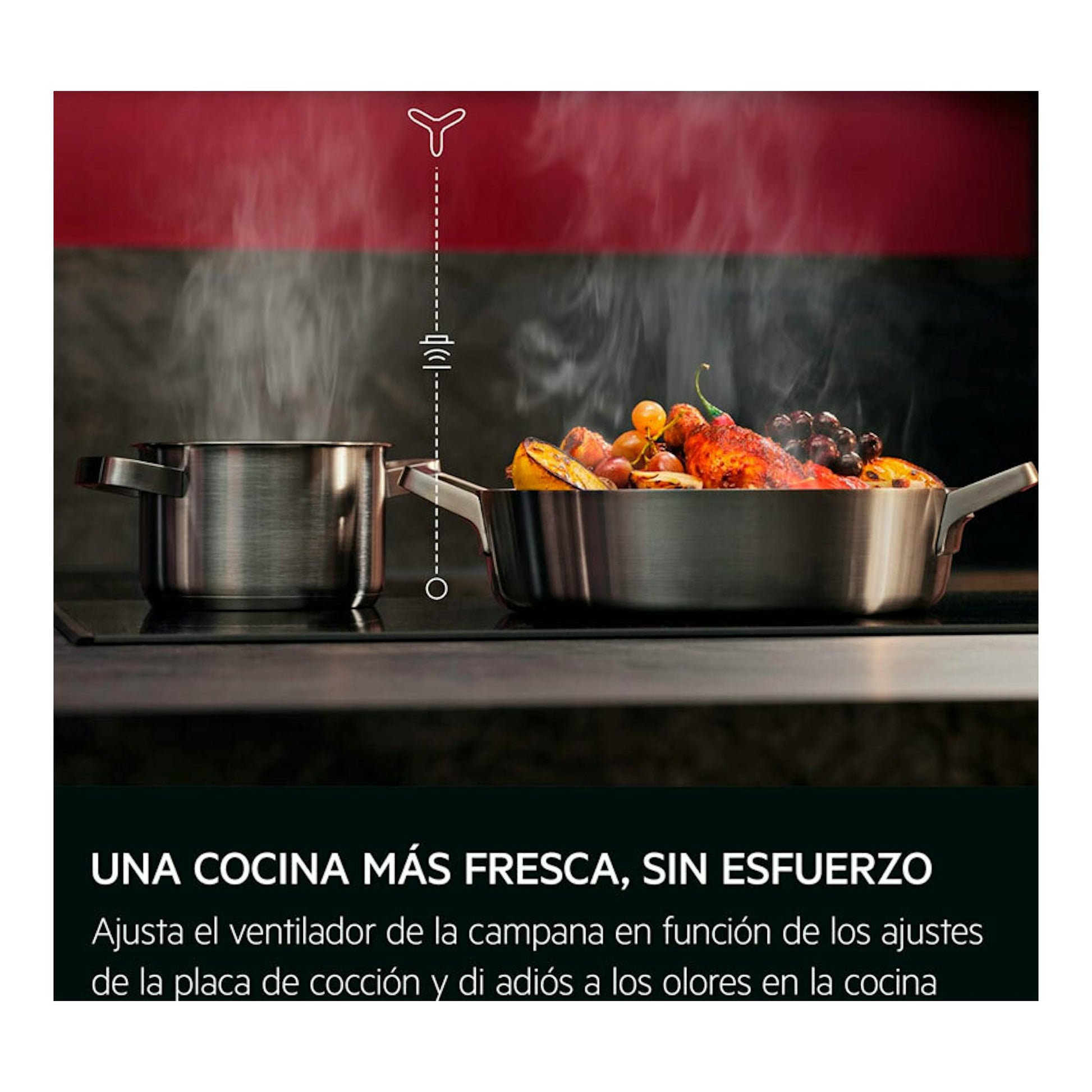 Imagen promocional de cocina con dos ollas de acero negro y vapor; aparece texto sobre campana AEG GB87D91CB.