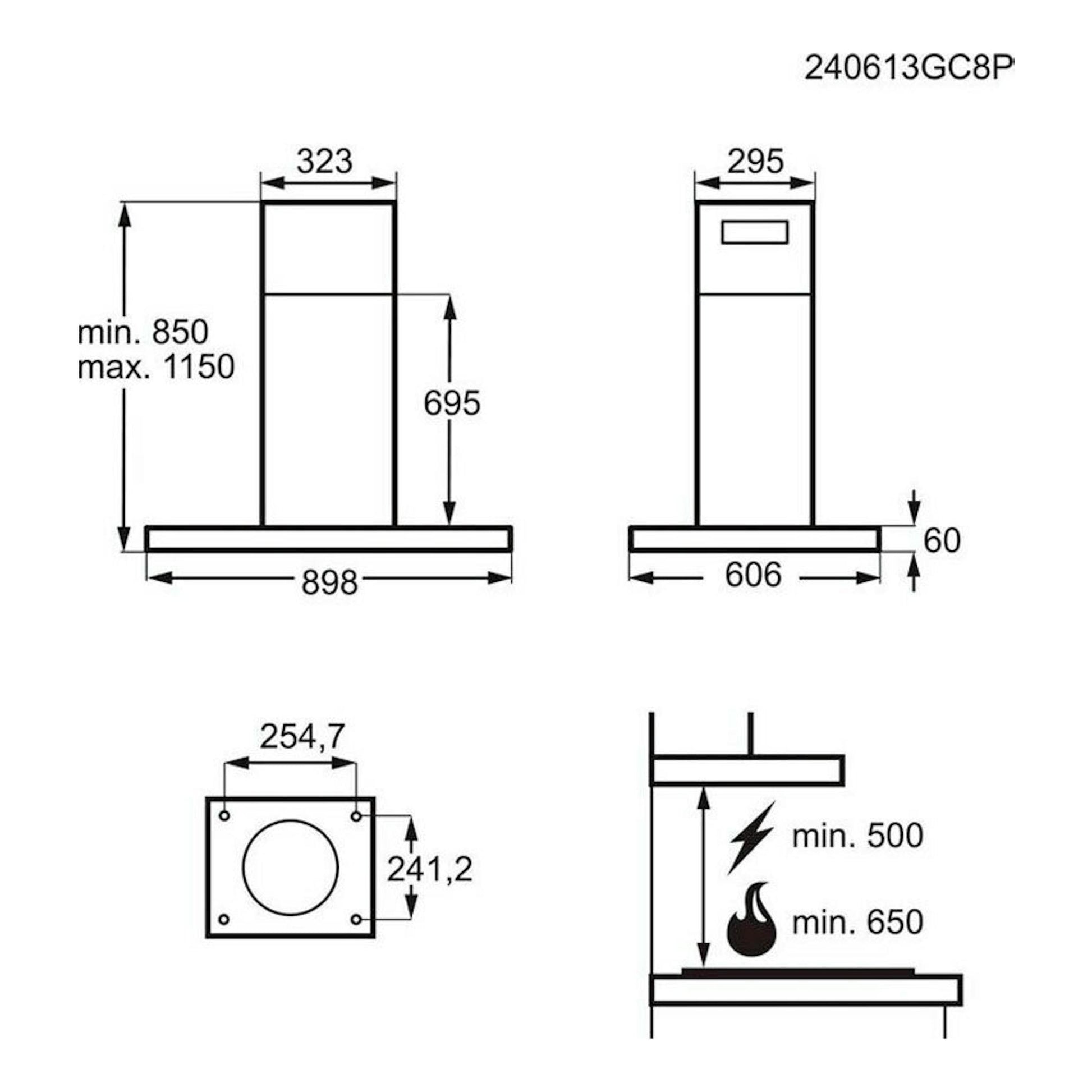 AEG GI87D91CB: plano técnico de campana decorativa negra, vistas frontal, lateral y superior con medidas.