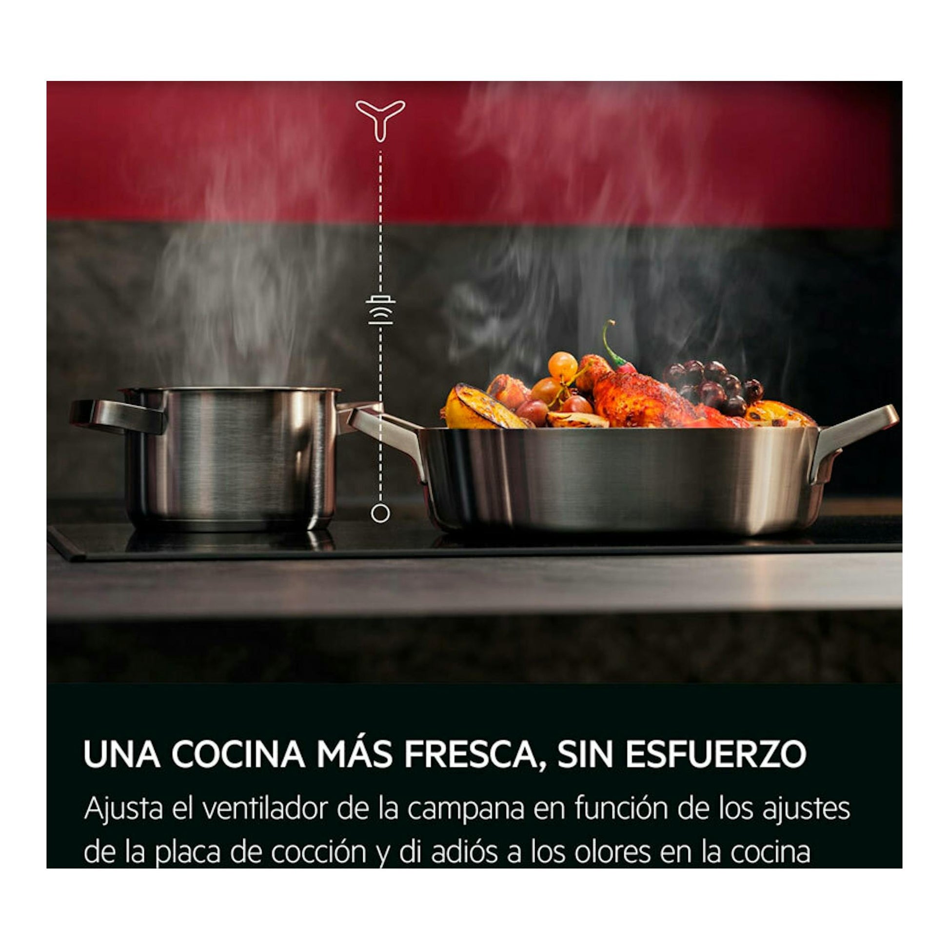 AEG GV77D61SB: dos ollas sobre una placa con vapor y texto sobre cocina más fresca.